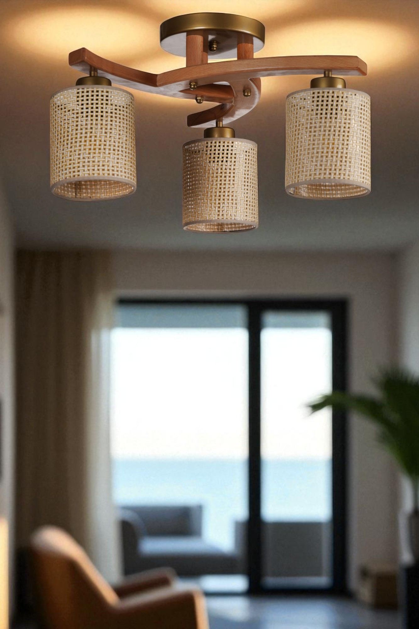 Candeeiro de Teto – Ø14 h:15 cm – Bege, Nogueira, Dourado – Metal