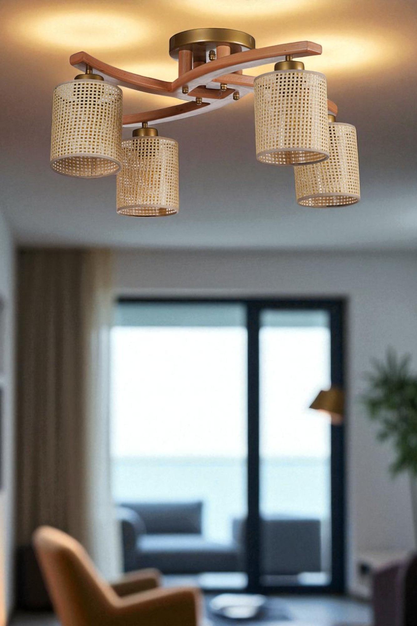 Candeeiro de Teto – 31 cm – Bege/Nogueira/Dourado – Metal/PVC