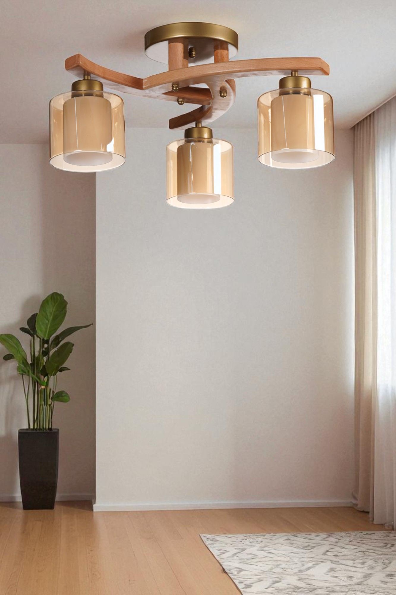 Candeeiro de Teto – 28 cm – Mel, Noz, Dourado – Metálico e Vidro