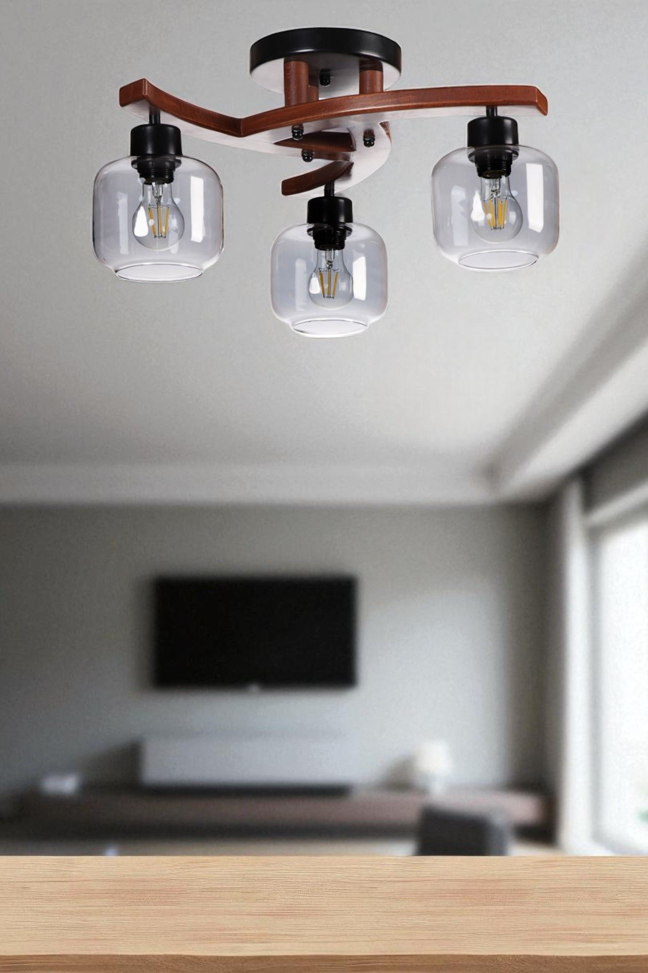 Candeeiro de Teto – Ø15 h:13 cm – Cinza, Nogueira, Preto – Metal, Vidro