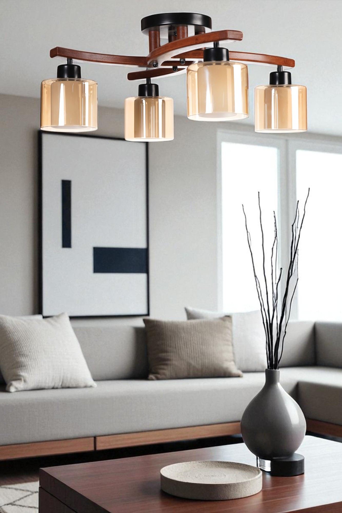 Candeeiro de Teto – Ø14 h:12 cm – Mel, Noz e Preto – Metal e Vidro