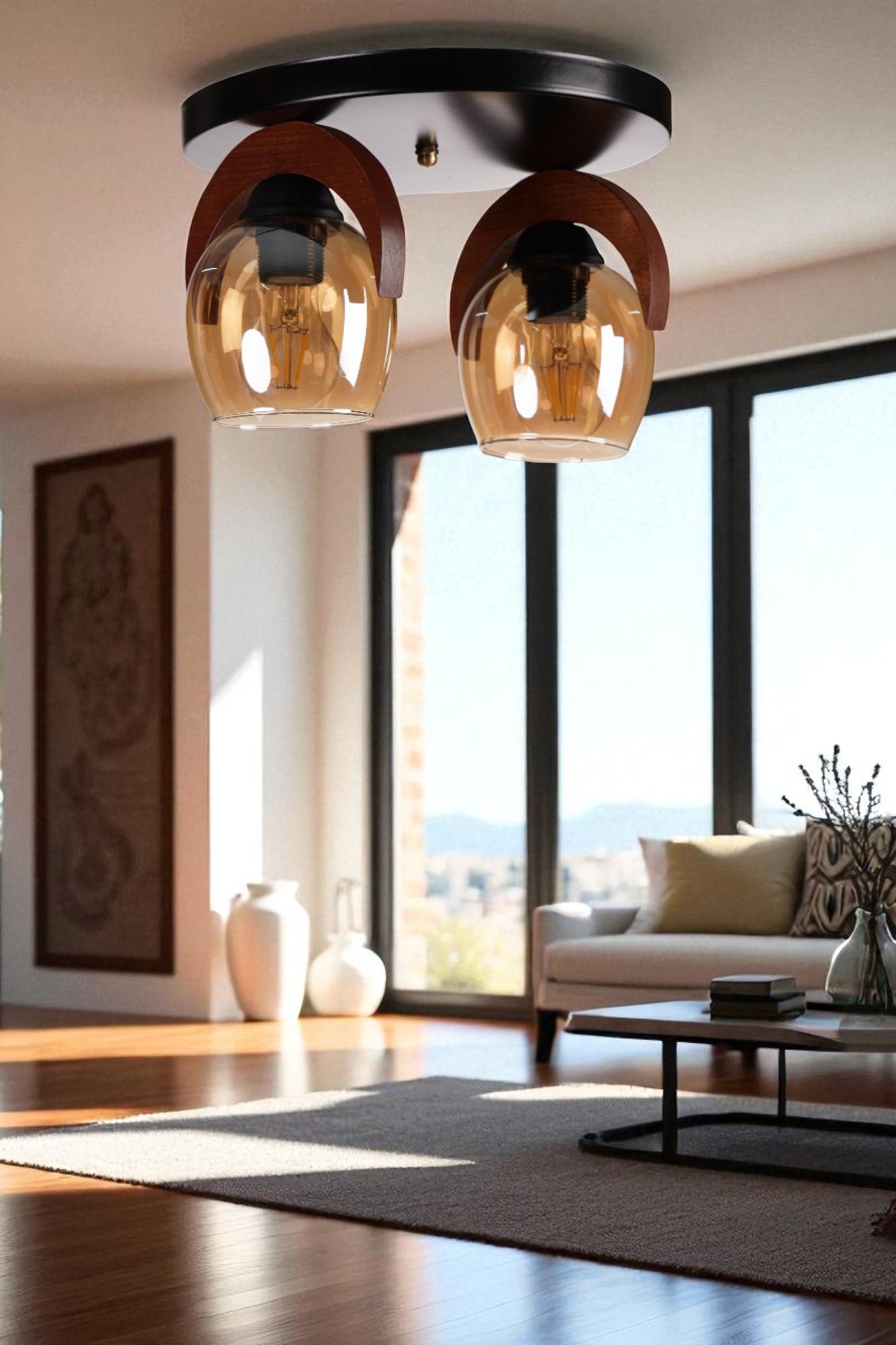 Candeeiro de Teto – 21 cm – Mel, Noz, Preto – Metal, Vidro