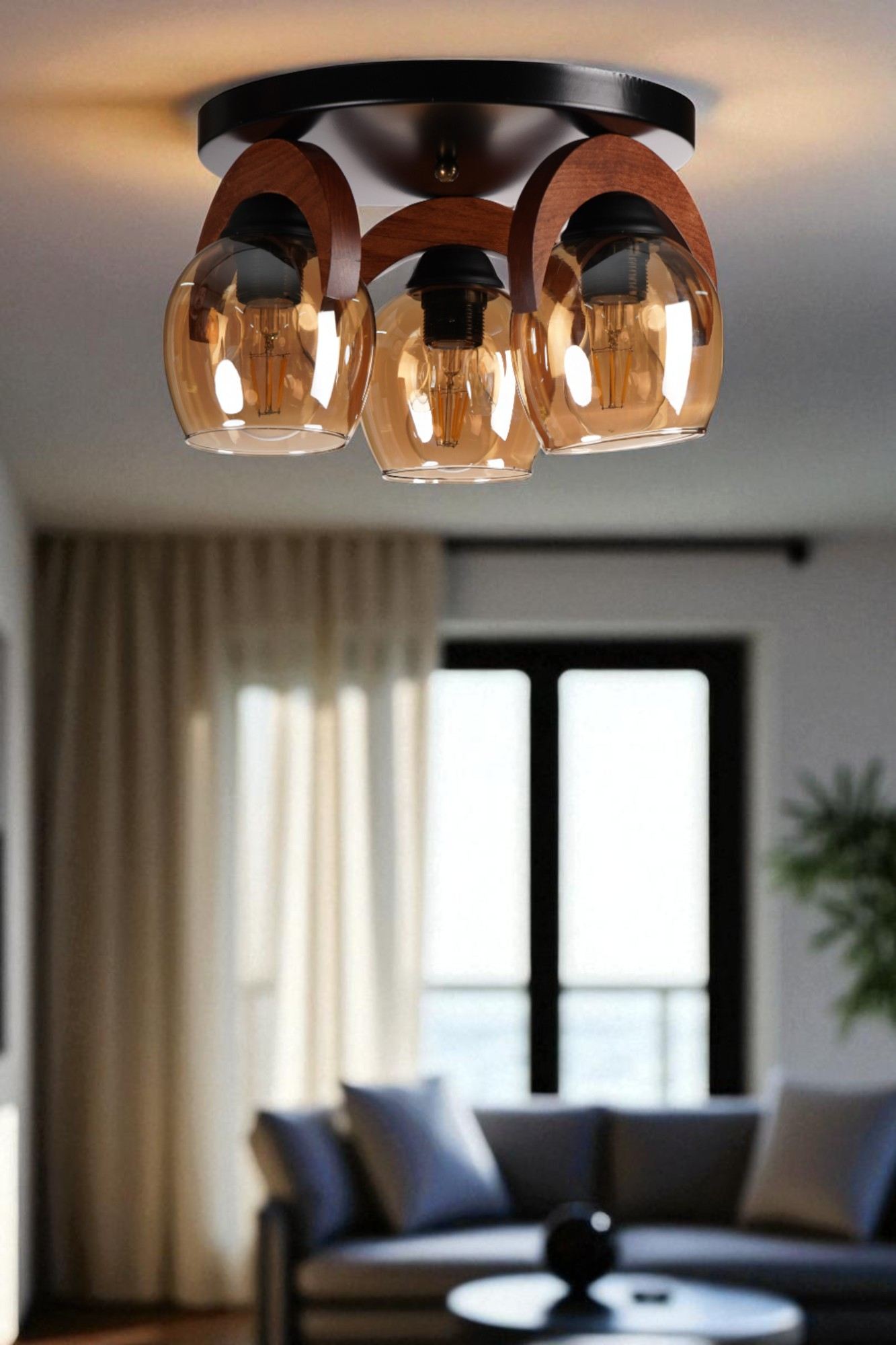Candeeiro de Teto – 21 cm – Mel, Noz, Preto – Metal e Madeira