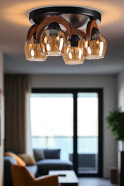 Candeeiro de Teto – Ø12 h:15 cm – Mel, Noz, Preto – Metal e Madeira