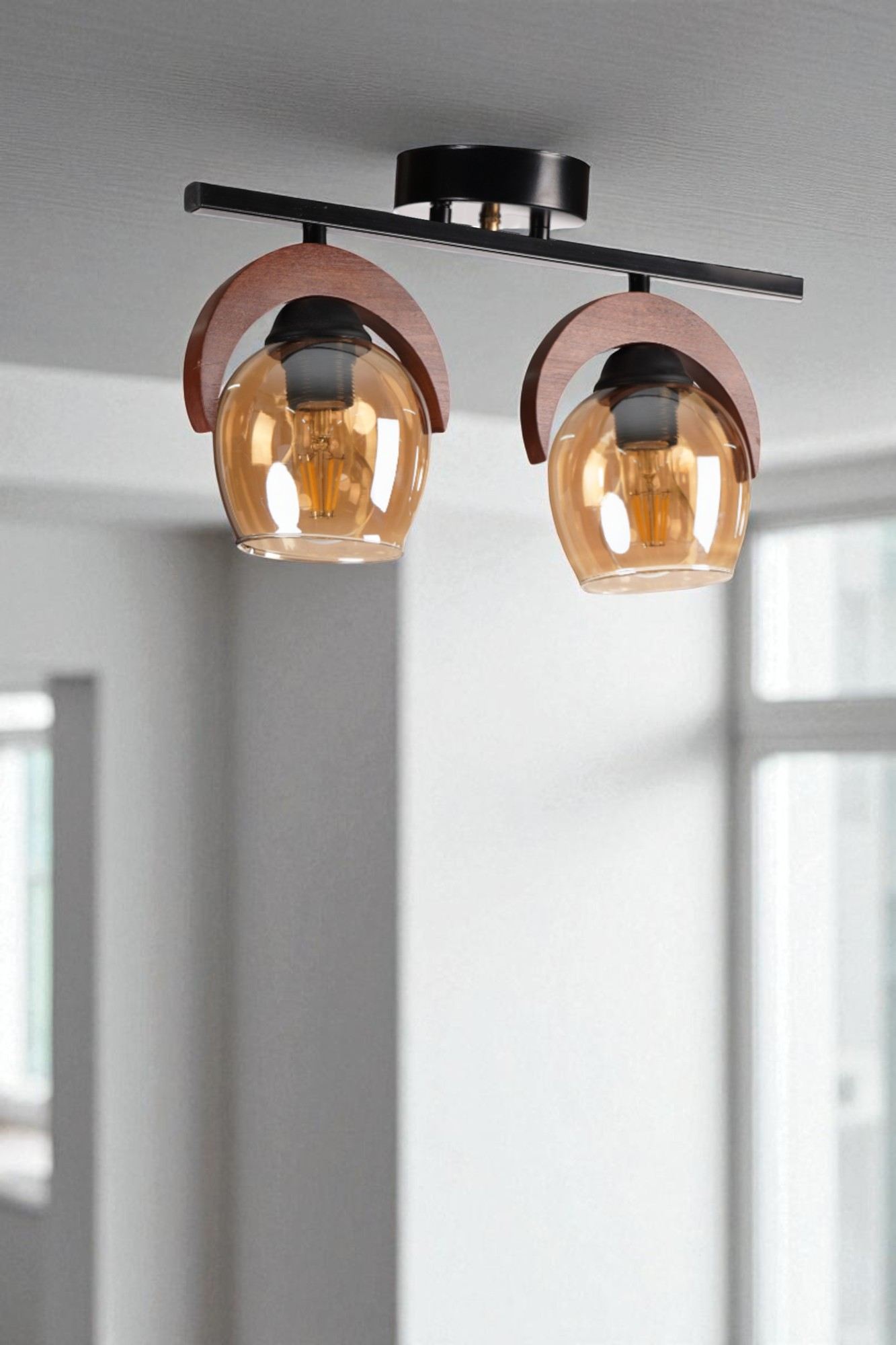 Candeeiro de Teto – Ø12 h:15 cm – Mel, Noz, Preto – Metal e Madeira