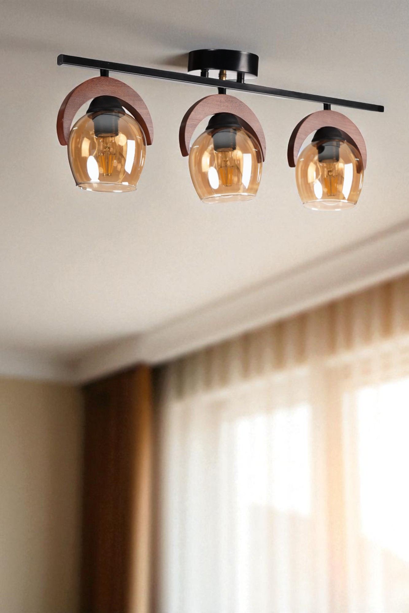 Candeeiro de Teto – Ø12 cm h:15 cm – Mel, Noz, Preto – Metal