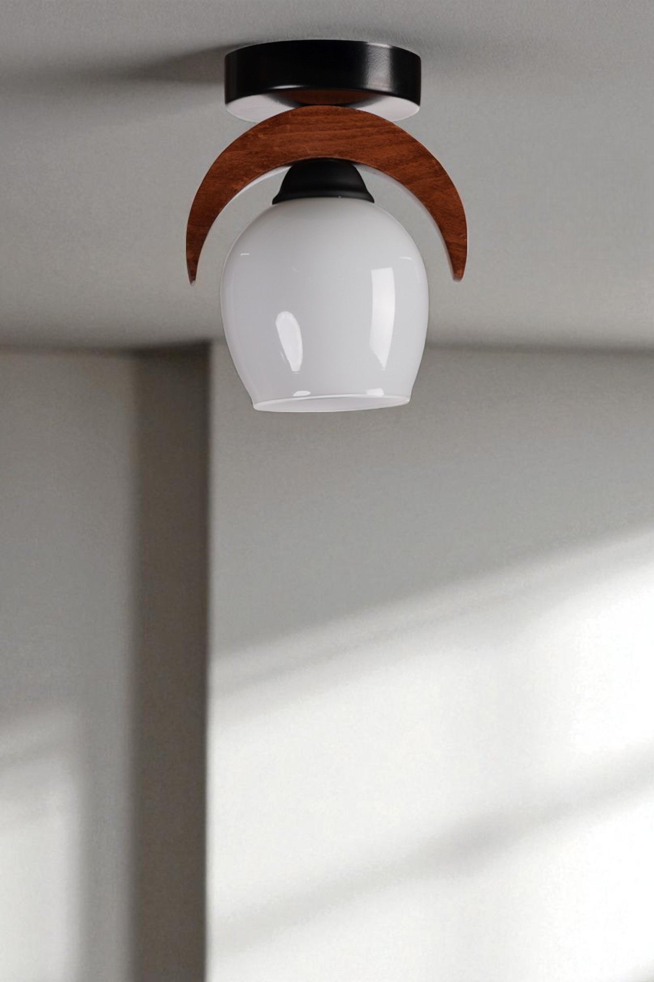Candeeiro de Teto – 21 cm – Branco, Nogueira, Preto – Metal com detalhe em madeira