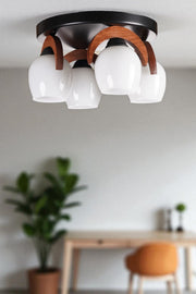 Candeeiro de Teto – 21 cm – Branco, Nogueira, Preto – Metal e Vidro