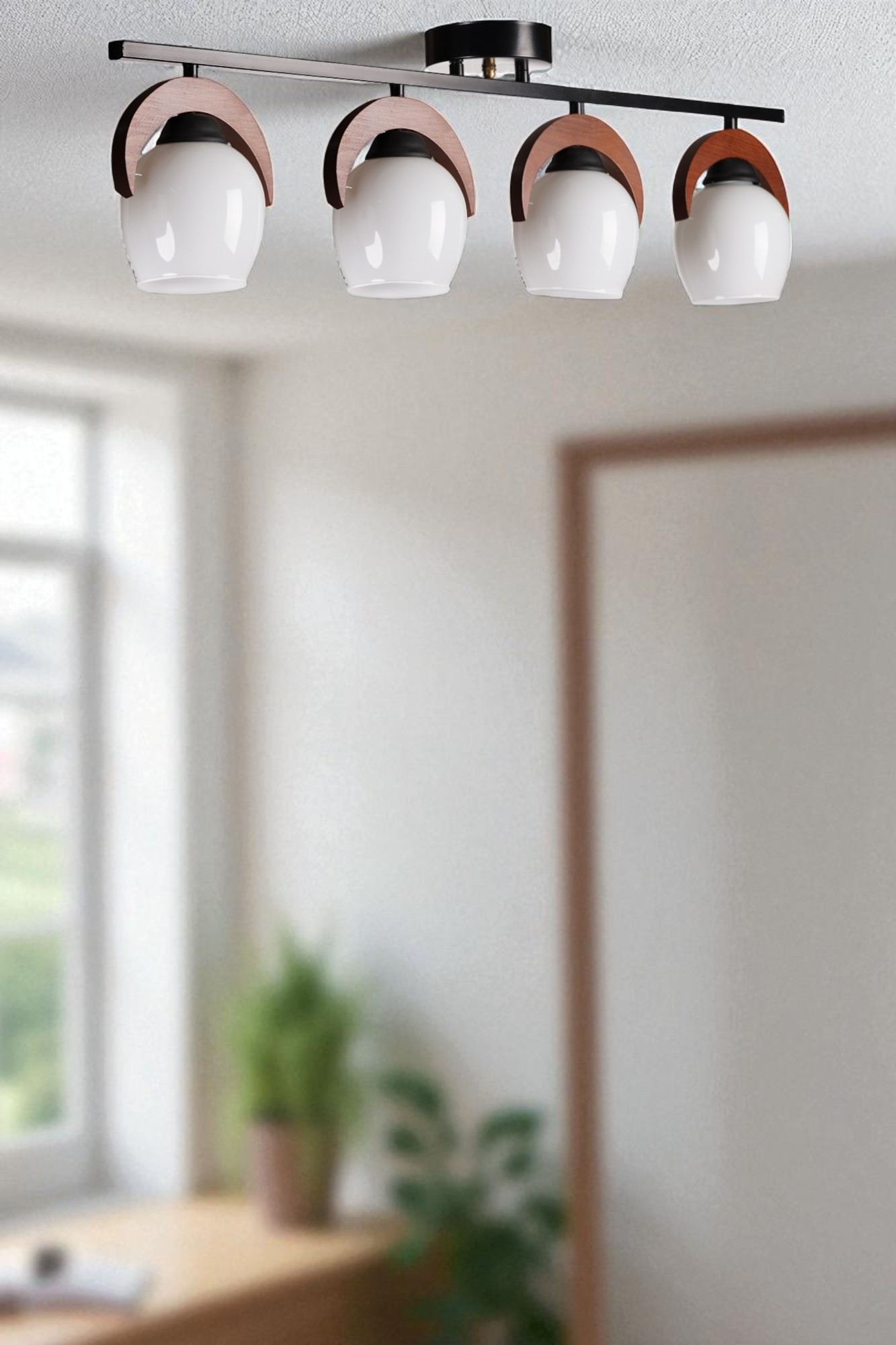 Candeeiro de Teto – Ø12 h:15 cm – Branco, Nogueira, Preto – Metal e Madeira