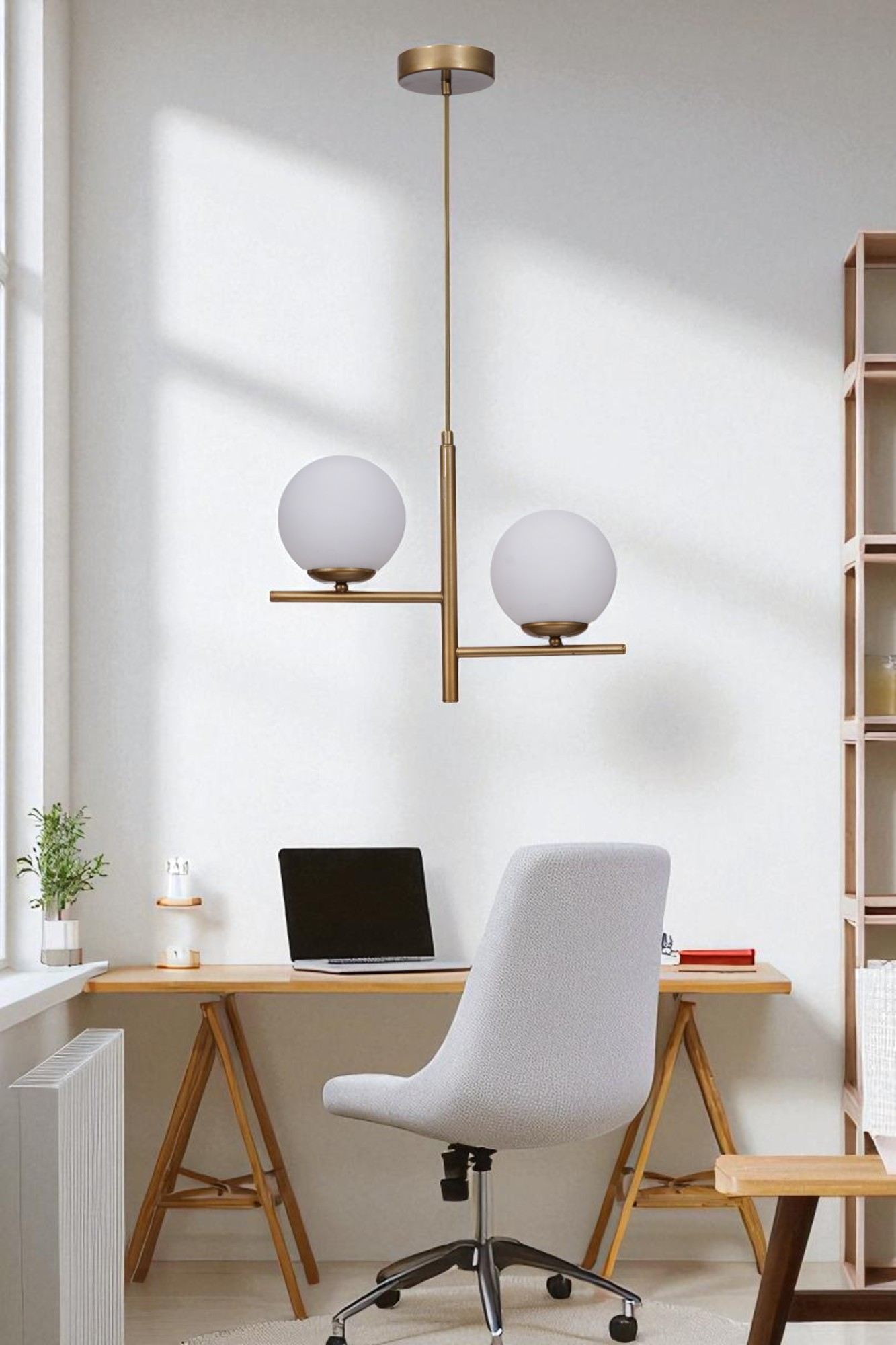 Candeeiro de Teto – 80 cm – Branco e Dourado – Metal e Vidro