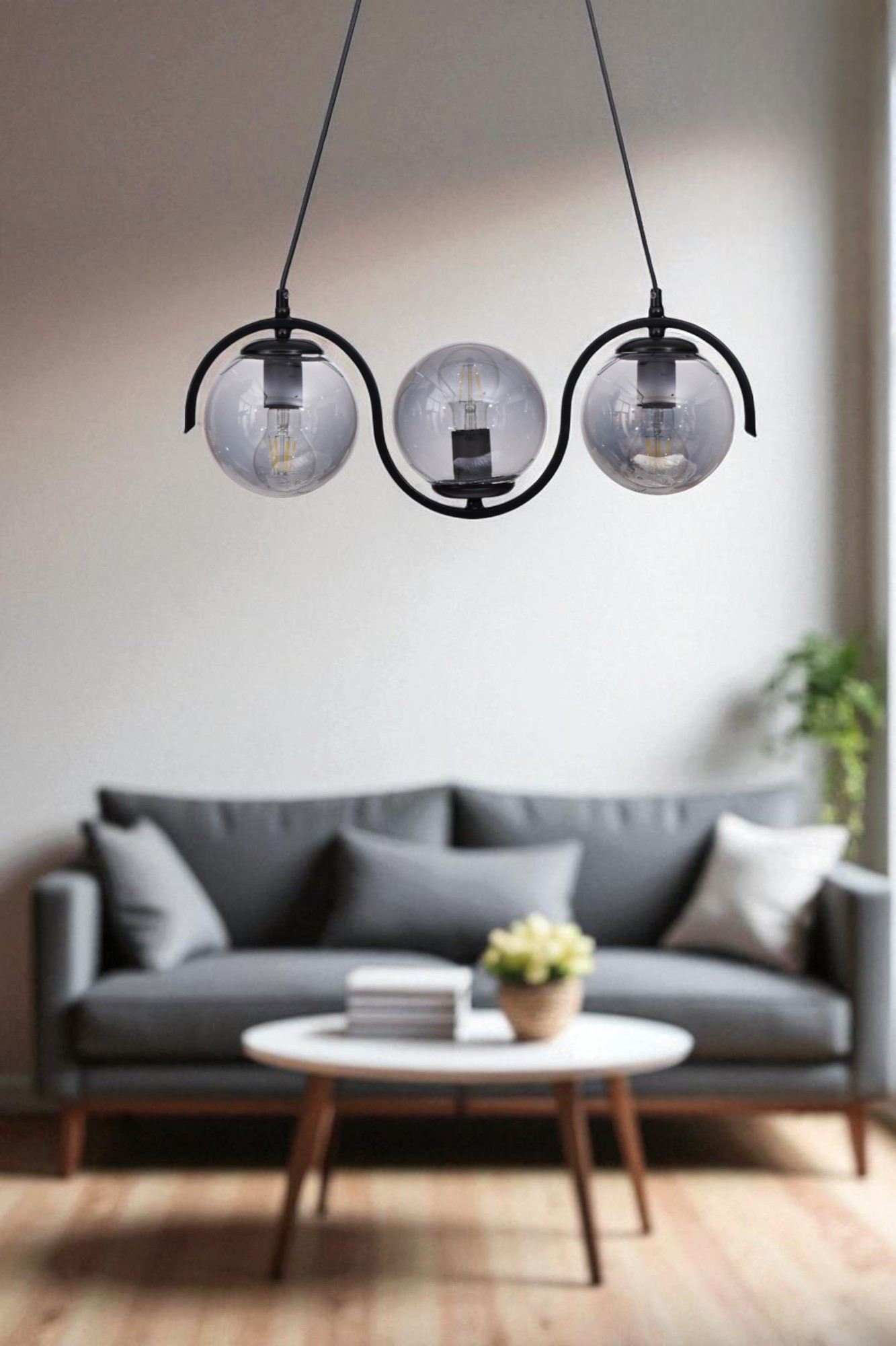 Candeeiro de Teto – Ø15 h:42 cm – Cinza e Preto – Metal e Vidro