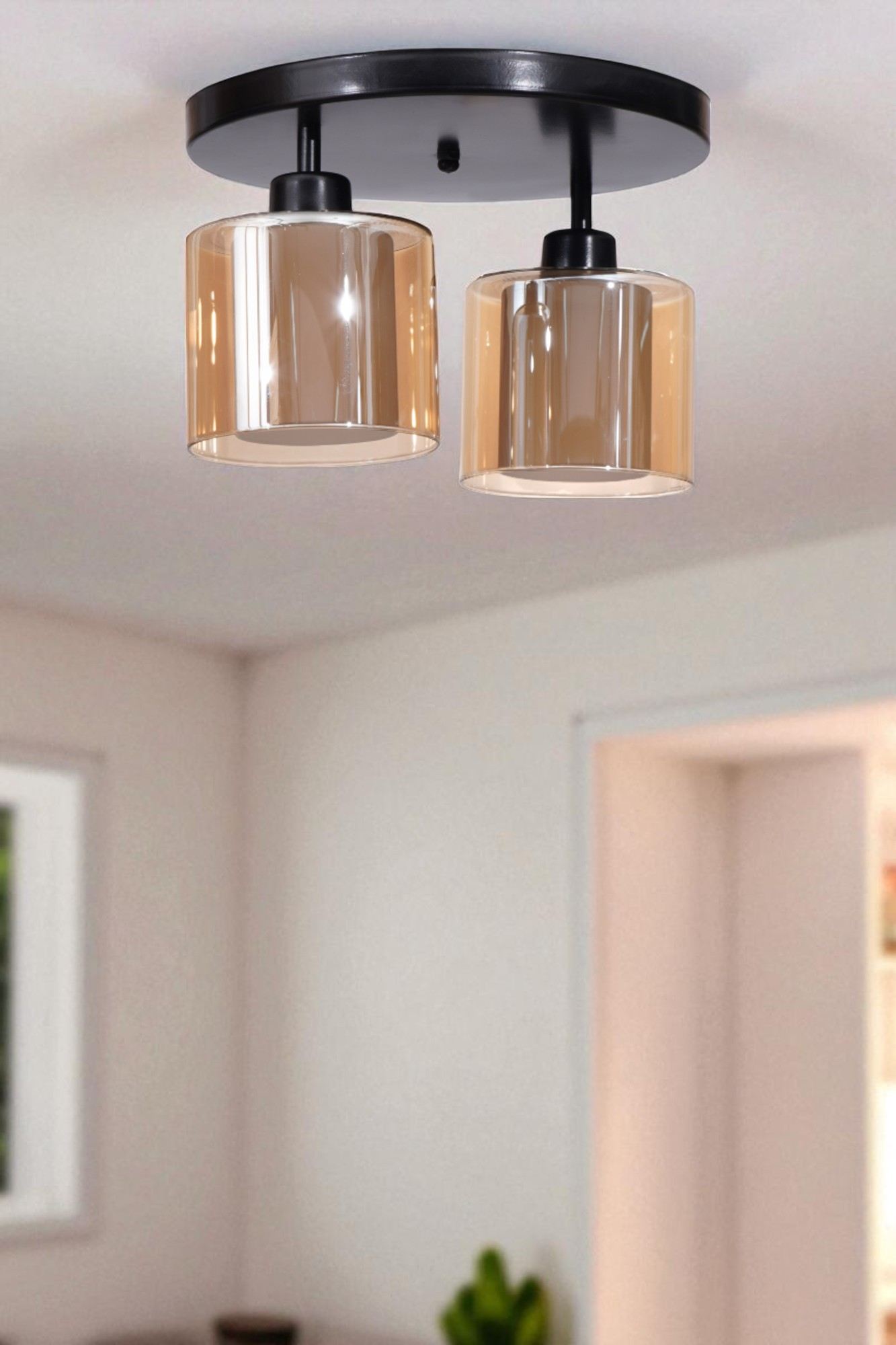 Candeeiro de Teto – 21 cm – Mel e Preto – Metal e Vidro