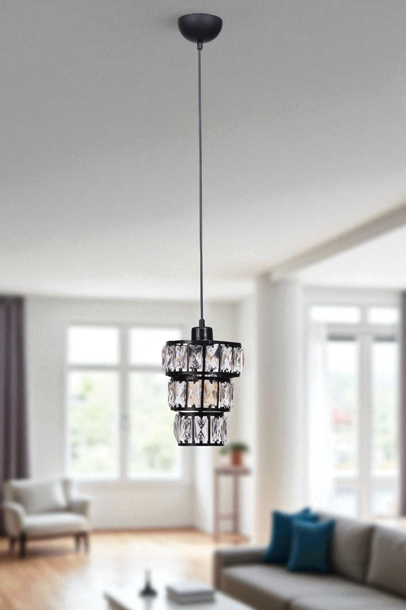 Candeeiro de Teto – 80 cm – Preto – Metal e Vidro