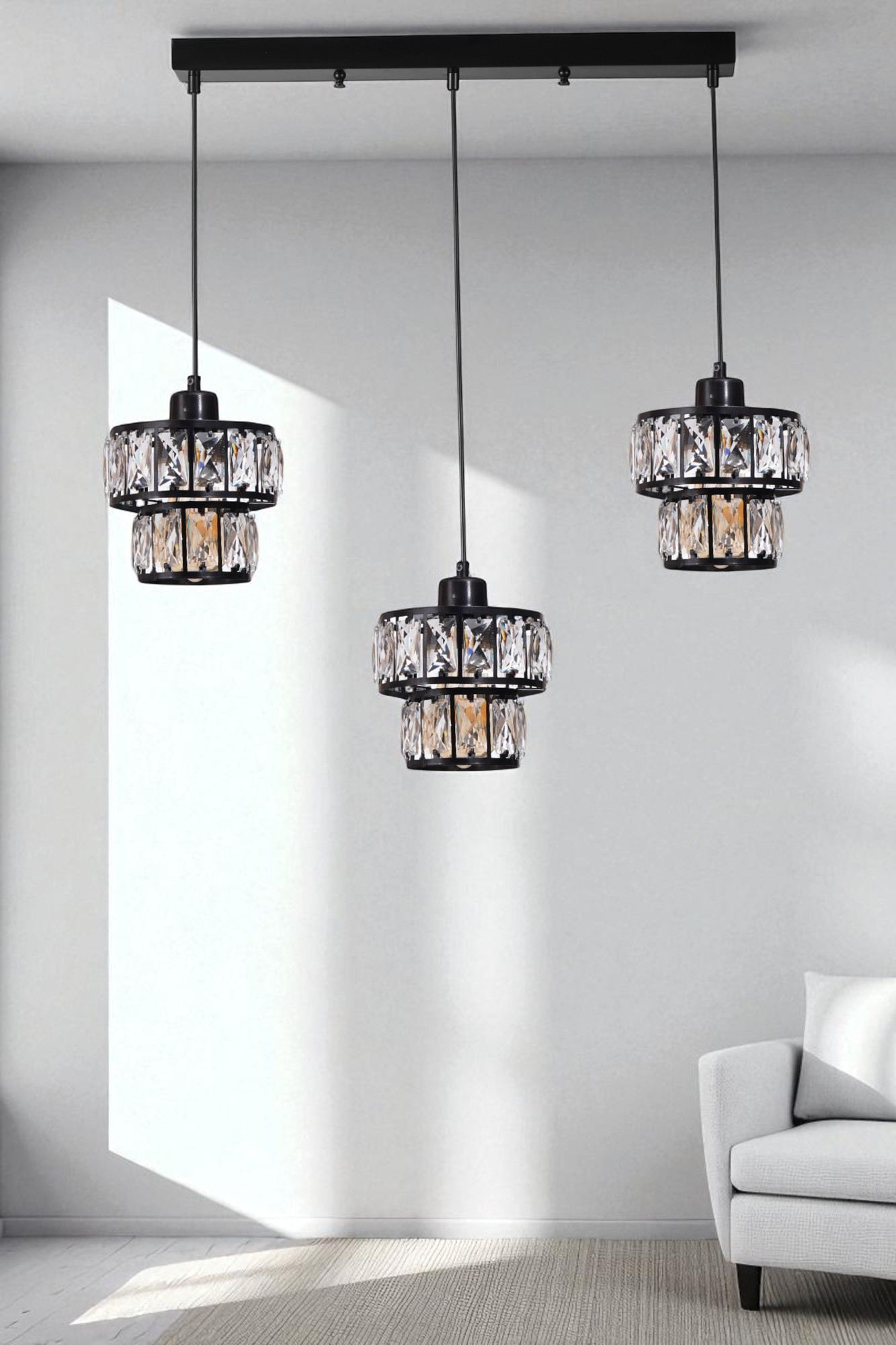 Candeeiro de Teto – 80 cm – Preto – Metal e vidro