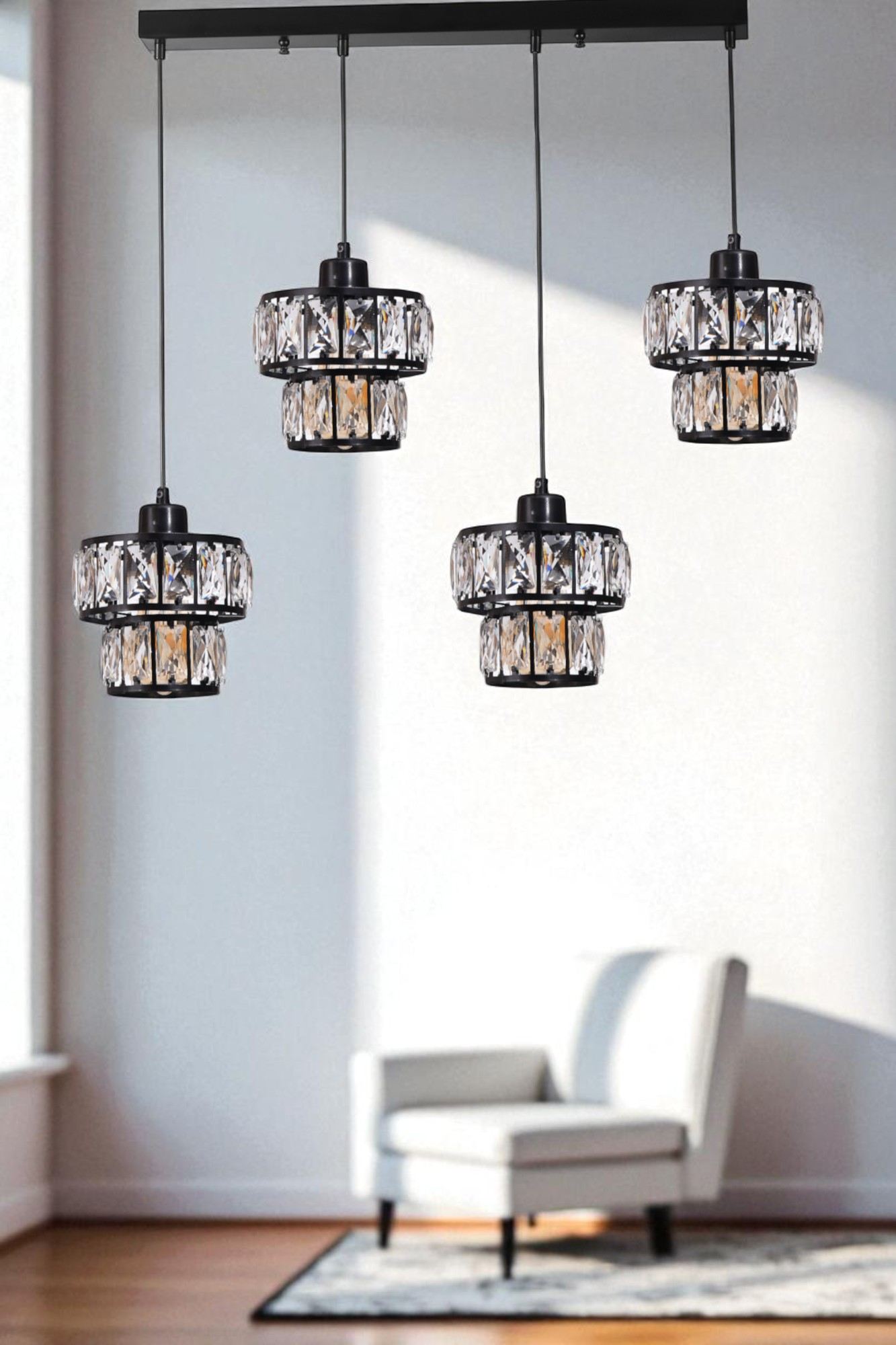 Candeeiro de Teto - 80 cm - Preto - Metal e Vidro