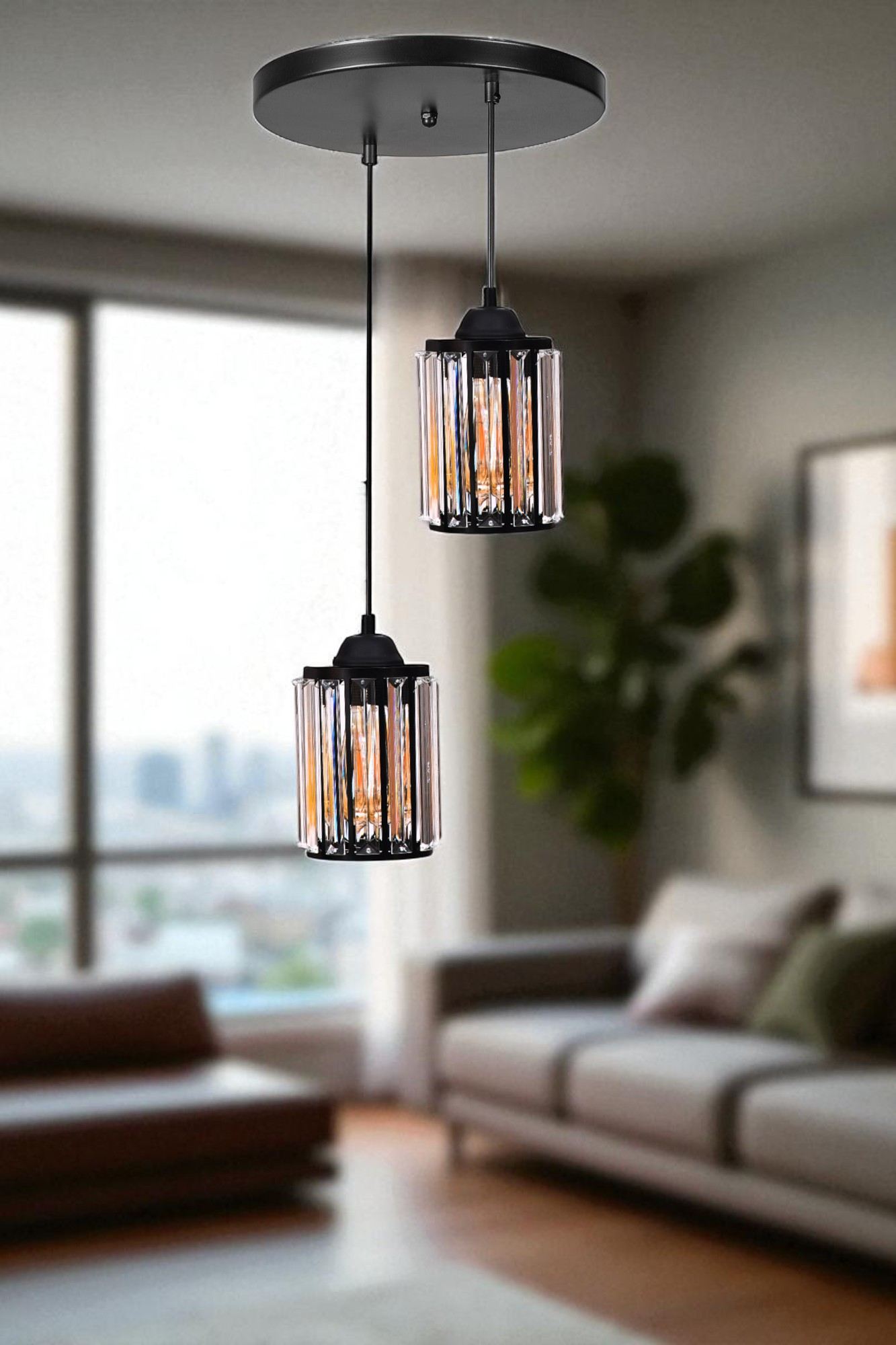 Candeeiro de Teto – 80 cm – Preto – Metal e vidro