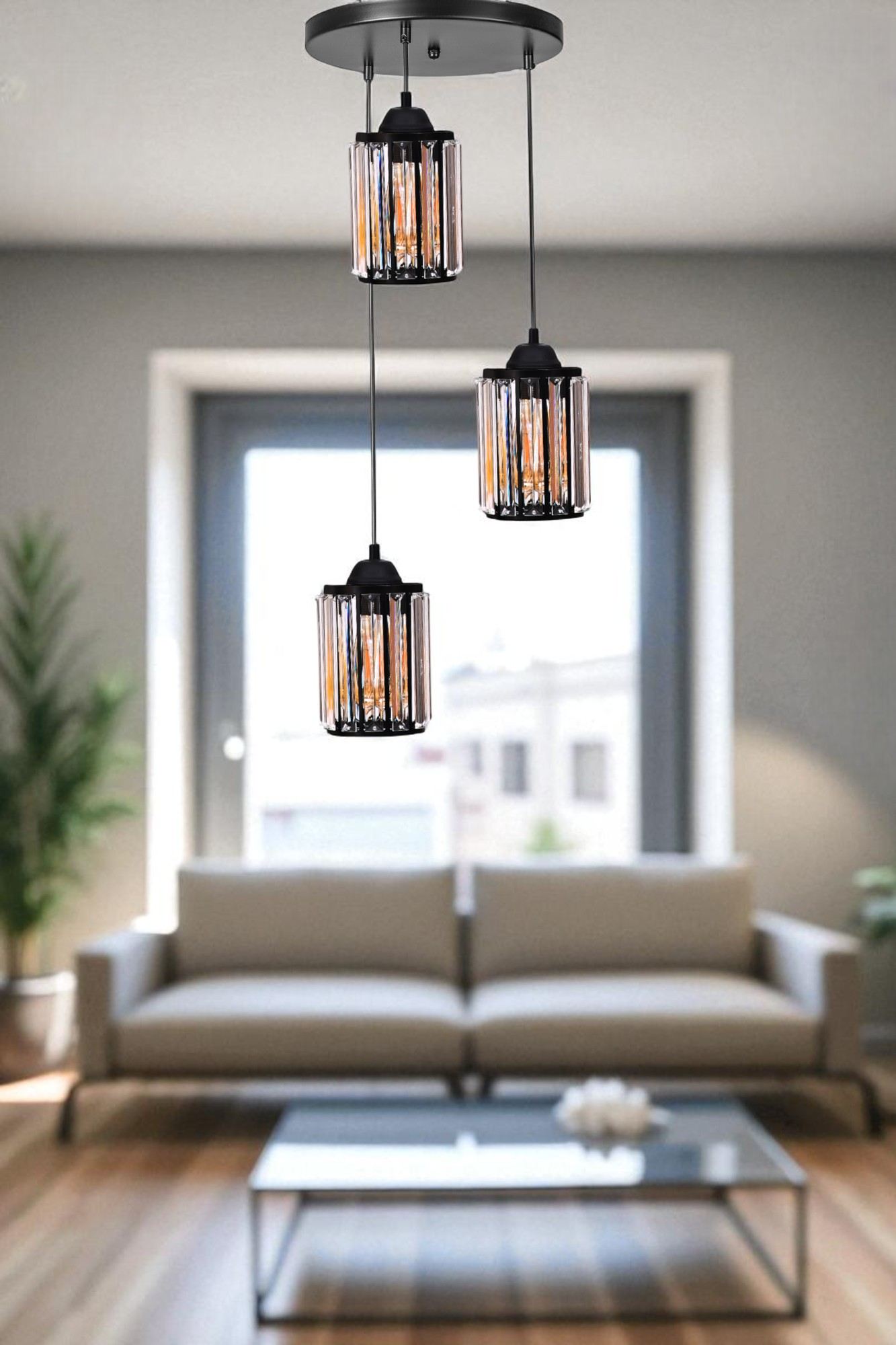 Candeeiro de Teto – 80 cm – Preto – Metal e Vidro