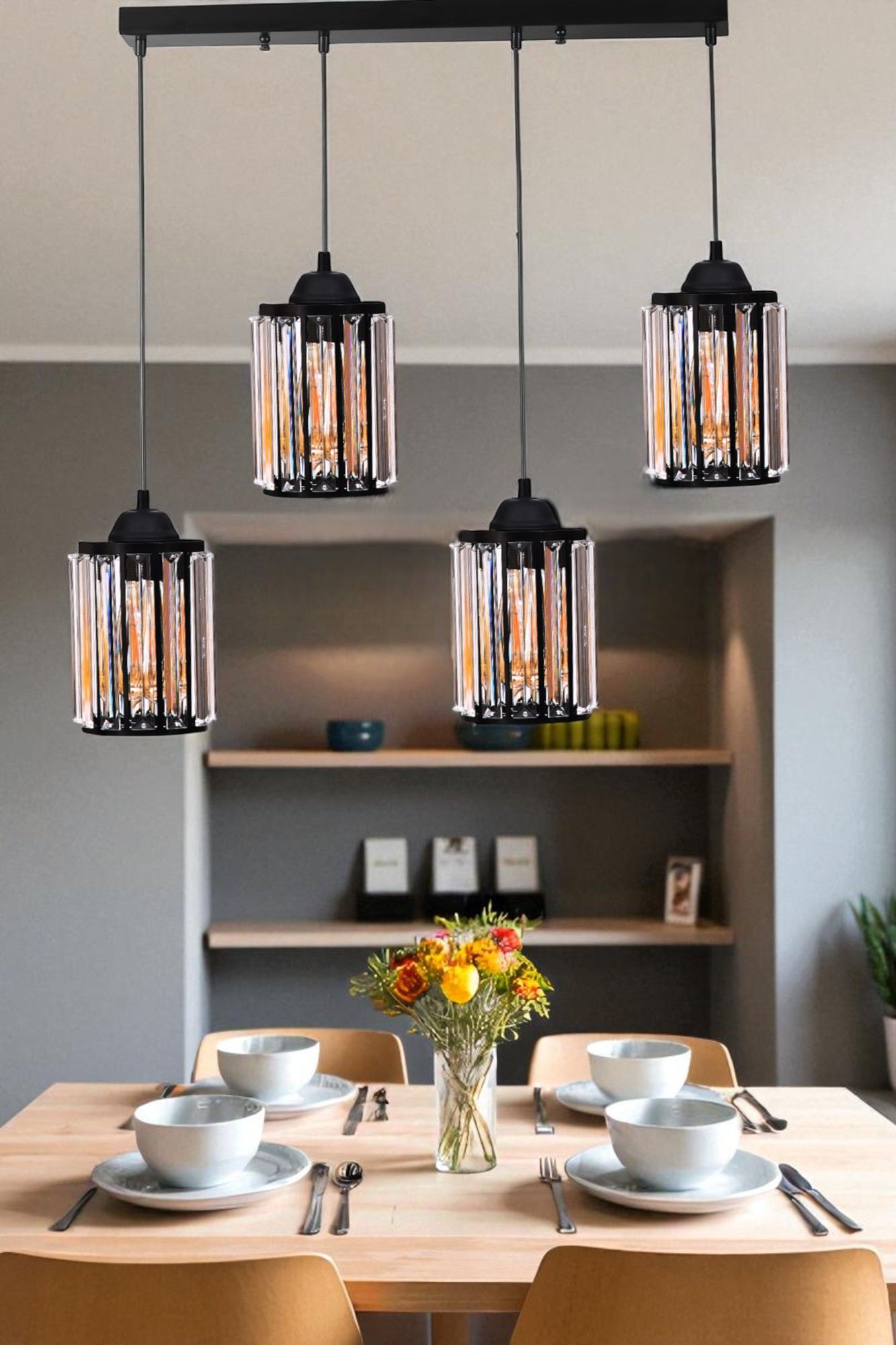 Candeeiro de Teto – 80 cm – Preto – Metal com Glass