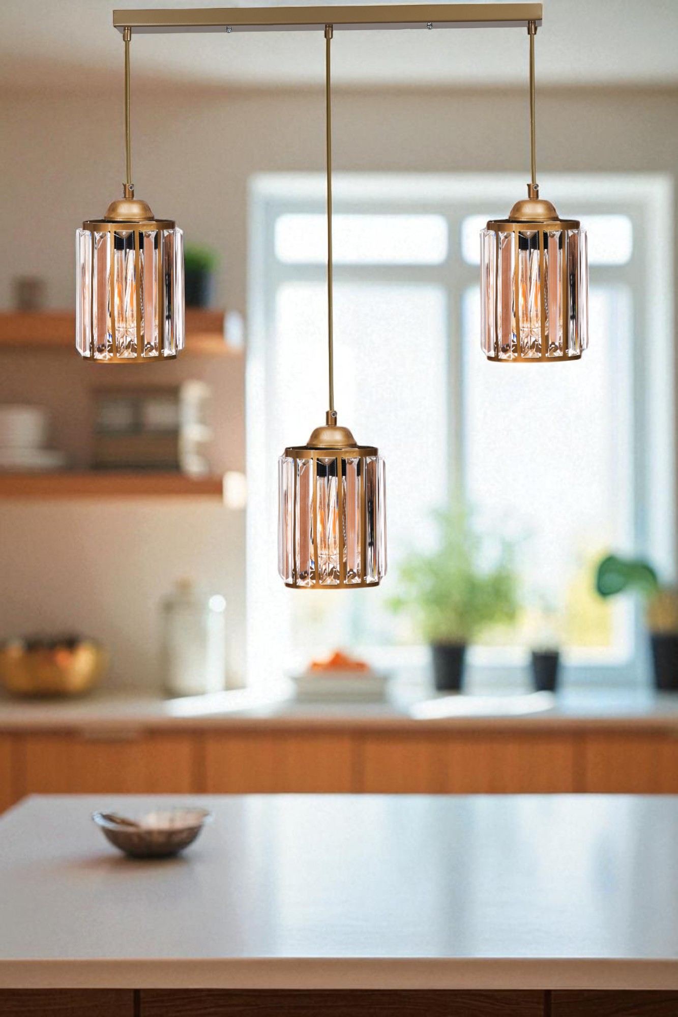 Candeeiro de Teto – 80 cm – Dourado – Metal e vidro