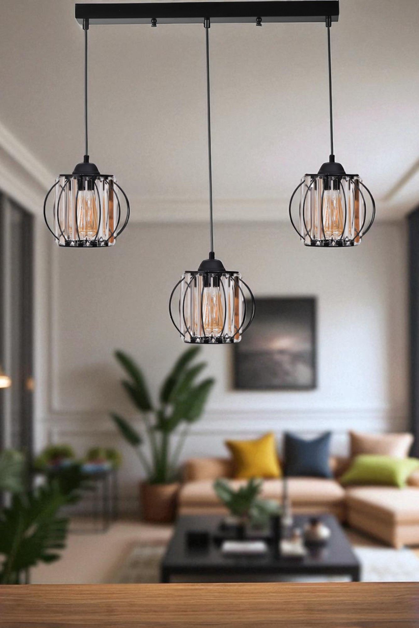 Candeeiro de Teto – 80 cm – Preto – Metal e Vidro