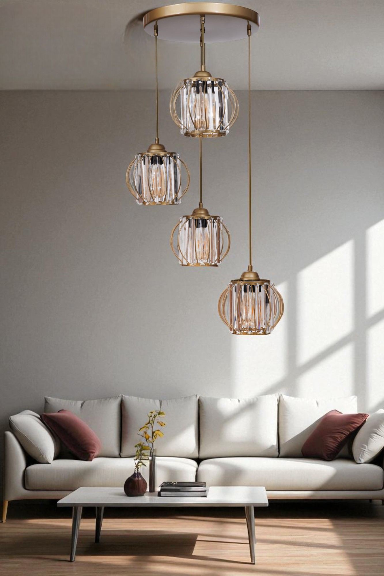 Candeeiro de Teto – 80 cm – Dourado – Metal e Vidro