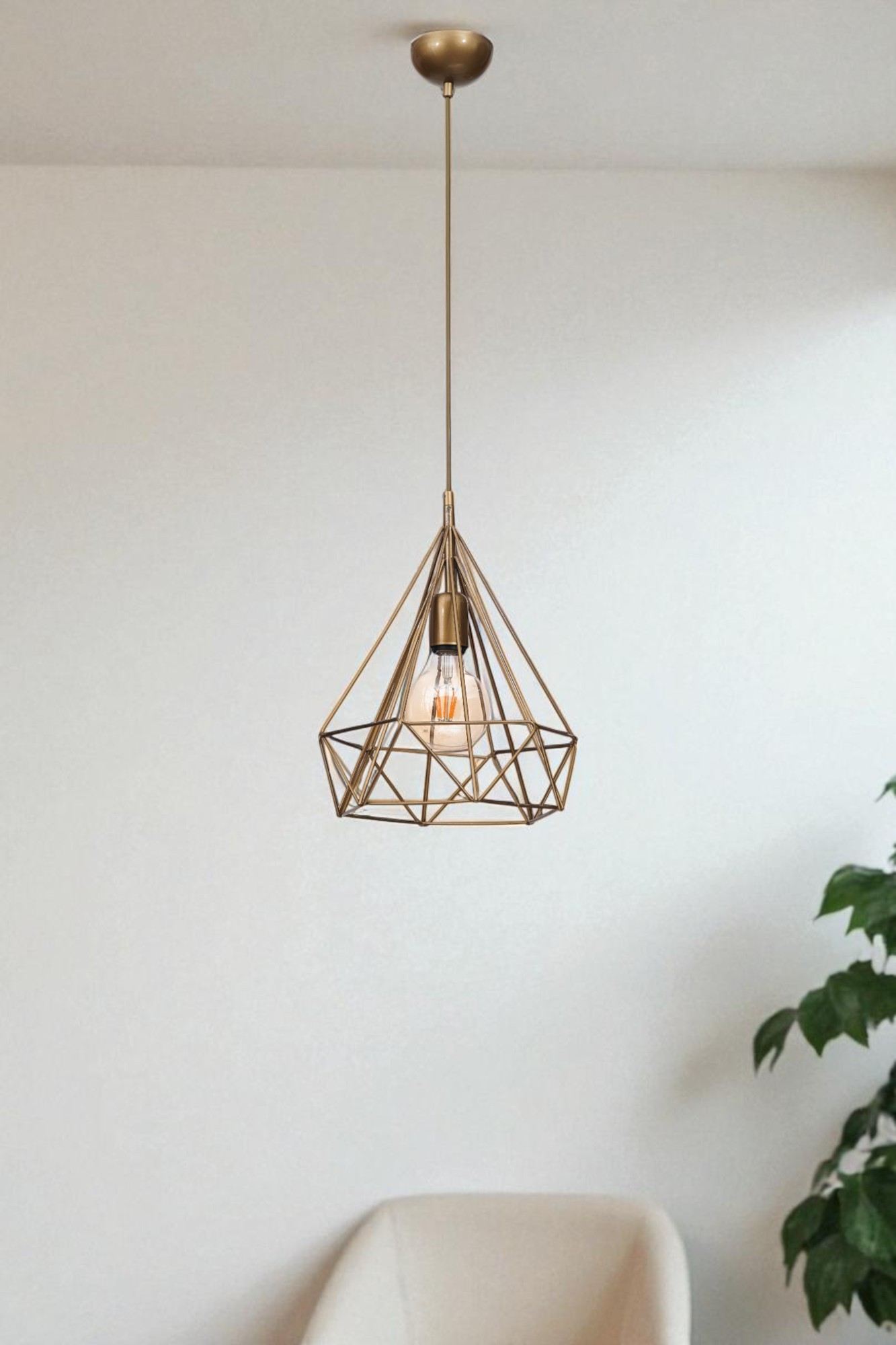 Candeeiro de Teto – Ø28 x 37 cm – Dourado – Metal e Vidro