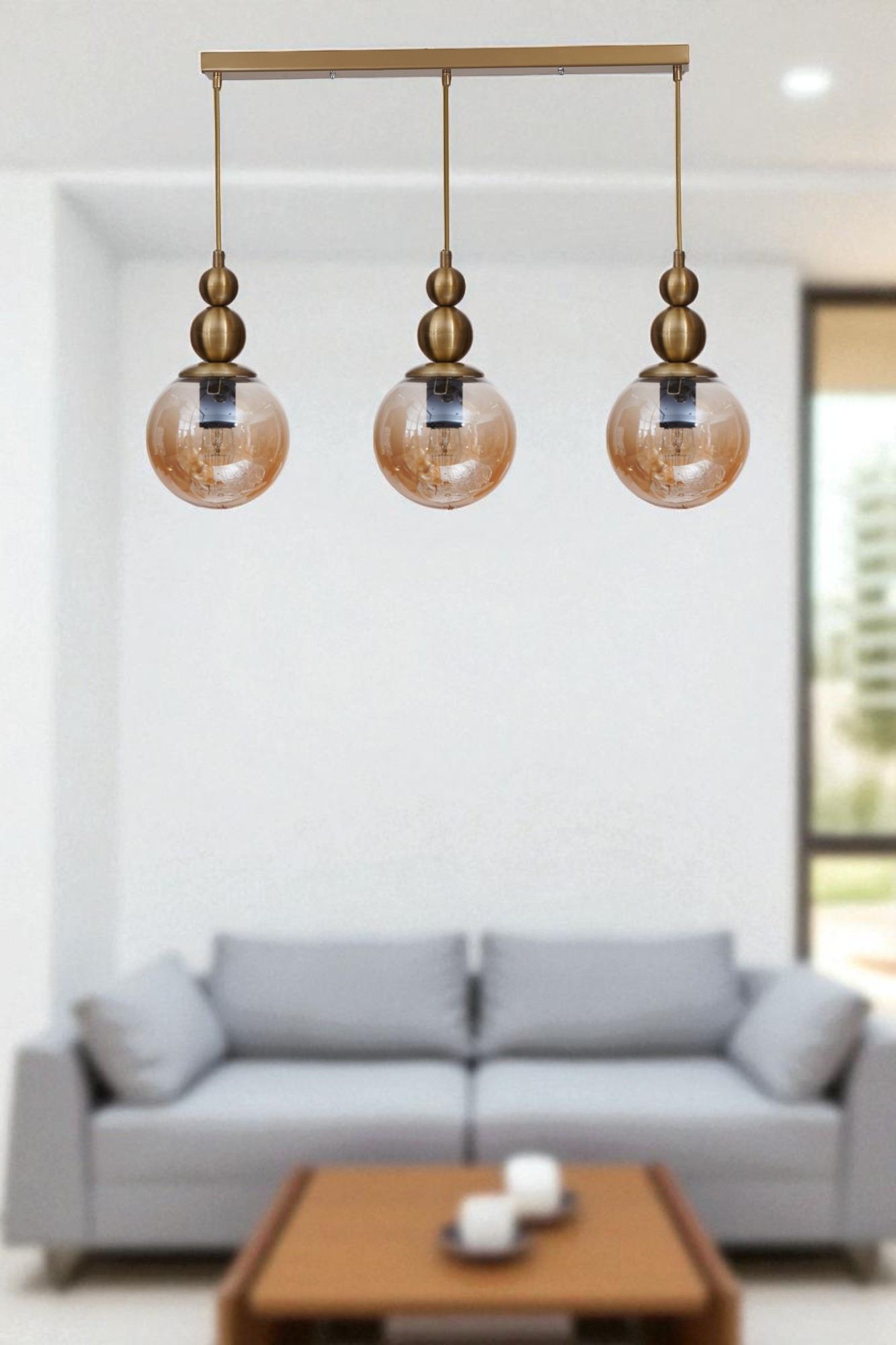 Candeeiro de Teto – 80 cm – Mel e Ouro – Metal e Vidro