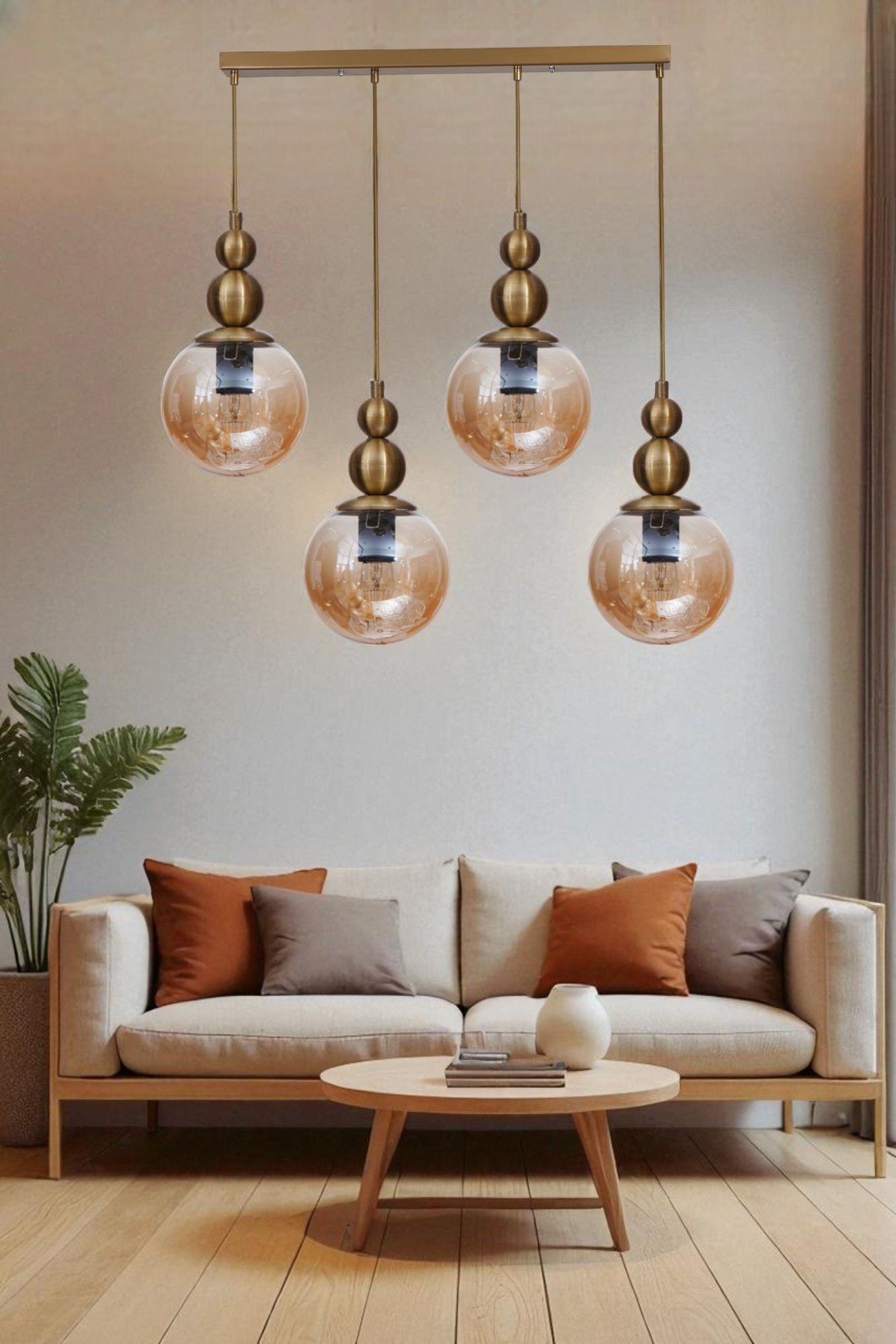 Candeeiro de Teto Elegante – 80 cm – Mel e Ouro – Metal e Vidro