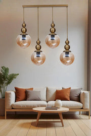 Candeeiro de Teto Elegante – 80 cm – Mel e Ouro – Metal e Vidro