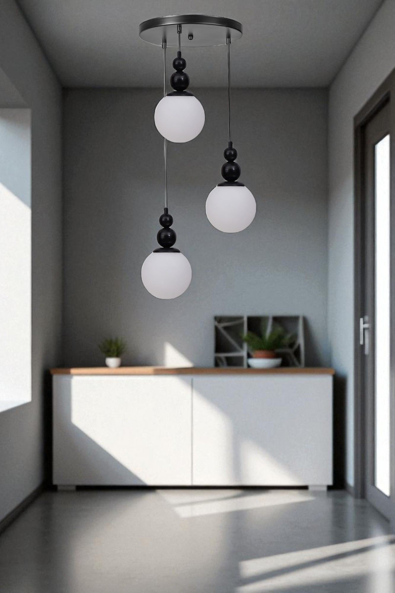 Candeeiro de Teto – altura ajustável de 80 cm – branco e preto – metal e vidro