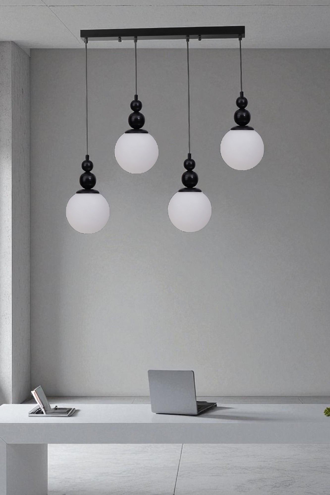 Candeeiro de Teto de Metal e Vidro – Altura Ajustável 80 cm – Branco e Preto