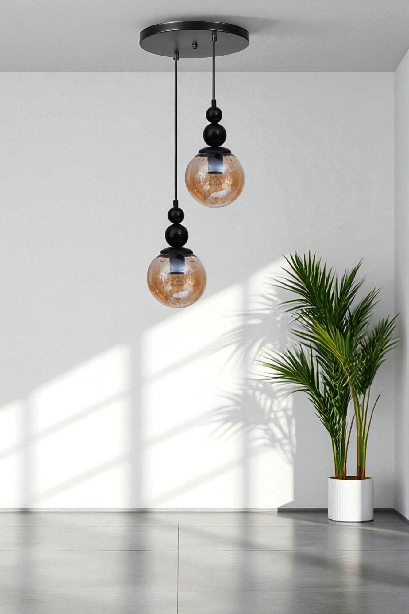 Candeeiro de Teto – 80 cm – Mel e Preto – Metal e Vidro