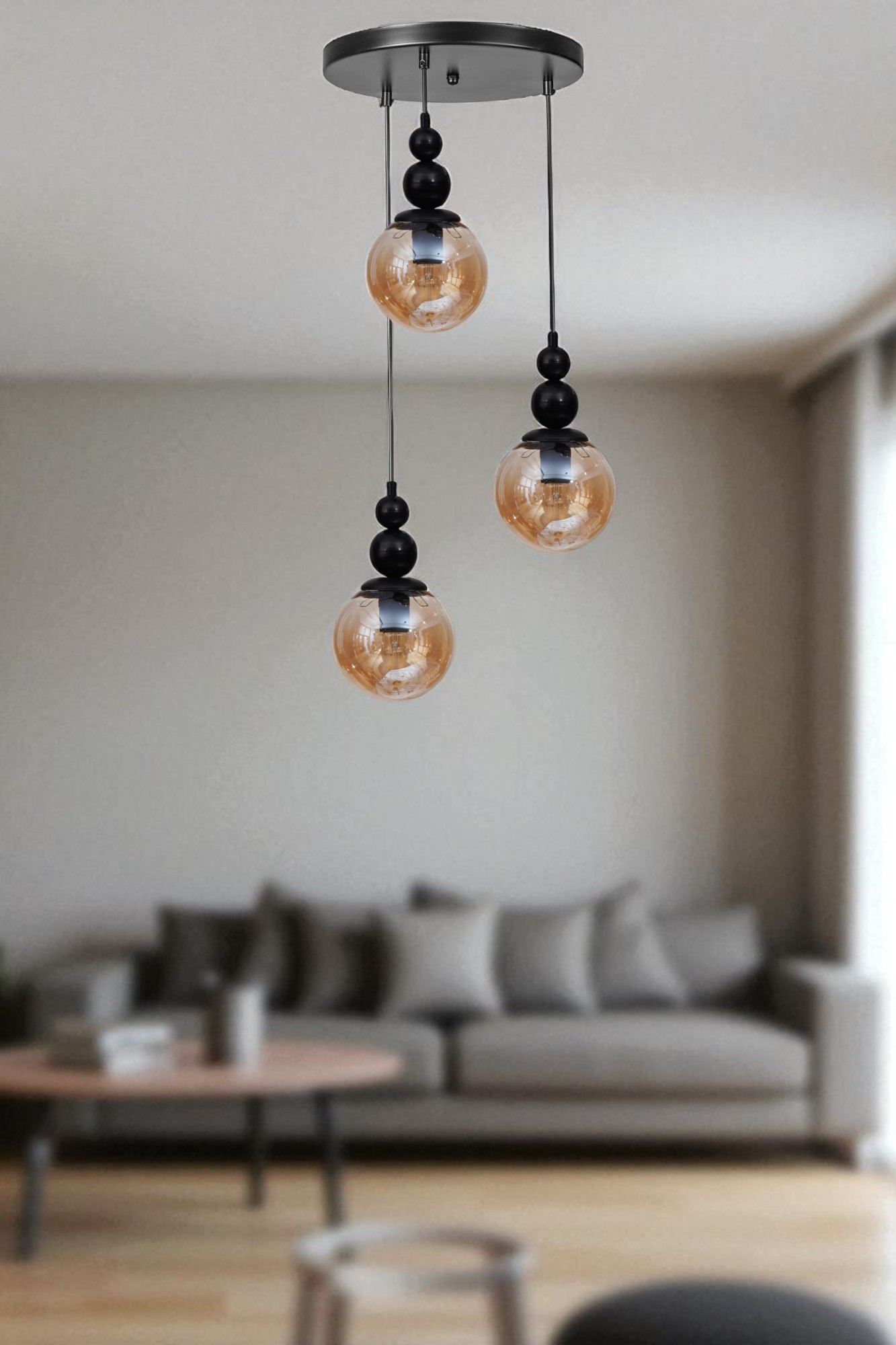 Candeeiro de Teto – Altura Ajustável 80 cm – Mel e Preto – Metal e Vidro