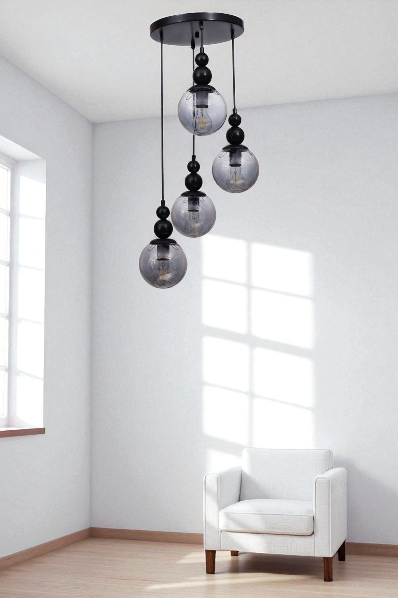 Candeeiro de Teto de Metal e Vidro – Altura Ajustável 80 cm – Cinza e Preto