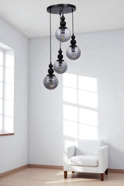 Candeeiro de Teto de Metal e Vidro – Altura Ajustável 80 cm – Cinza e Preto