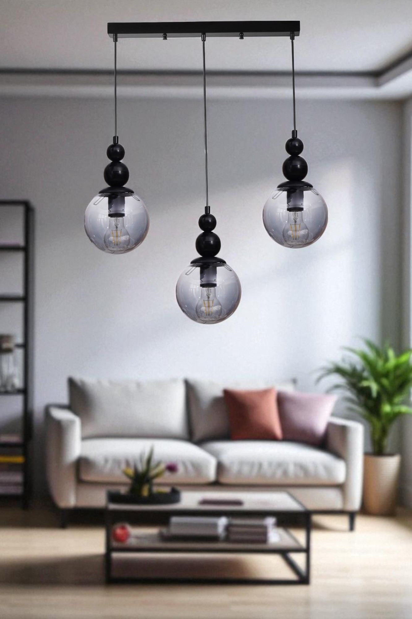 Candeeiro de Teto de Metal e Vidro – altura ajustável de 80 cm – cor cinza e preto