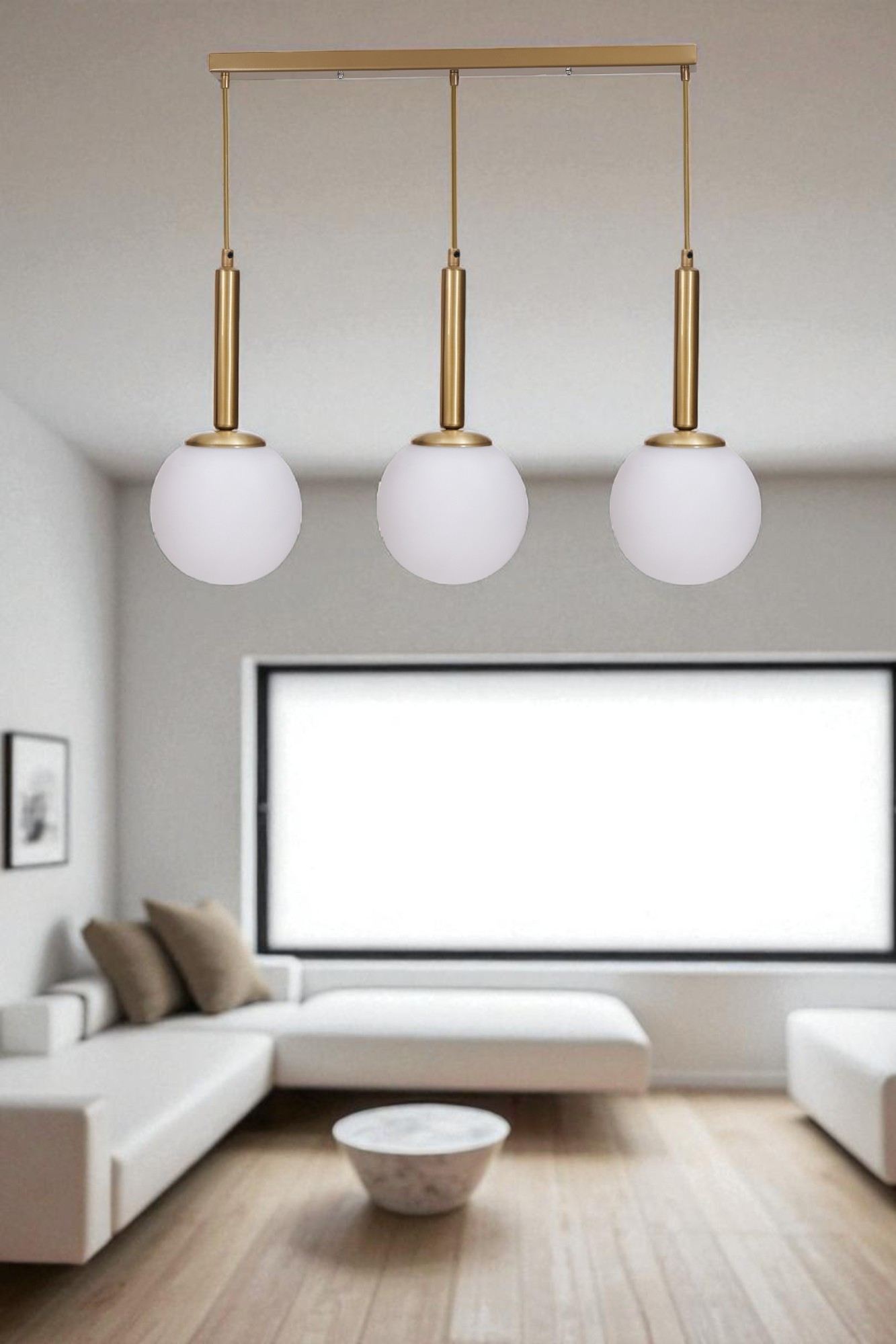 Candeeiro de Teto – 80 cm – Branco e Dourado – Metal e Vidro