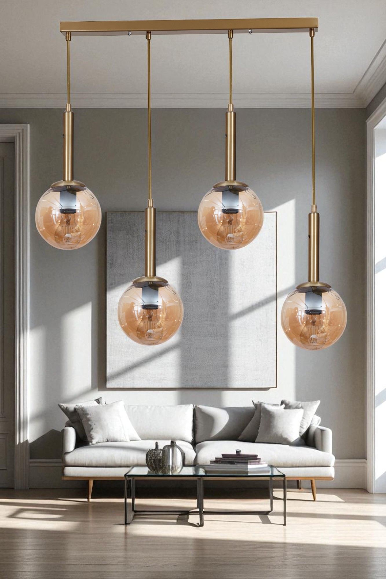 Candeeiro de Teto – 80 cm – Mel e Ouro – Metal e Vidro