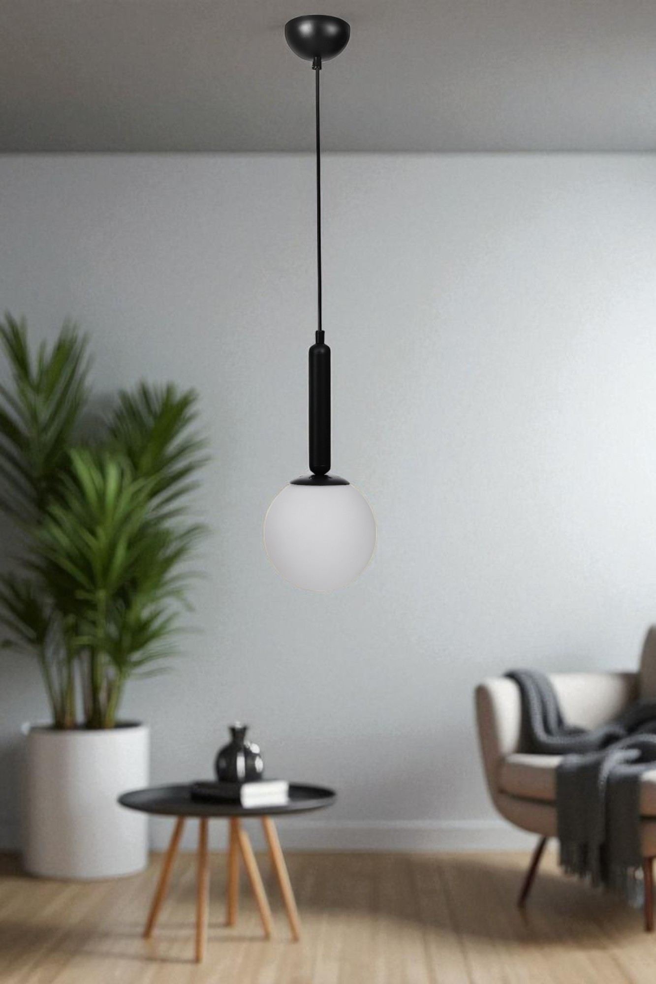 Candeeiro de Teto de Metal e Vidro – Altura 80 cm – Ø15 cm – Branco e Preto