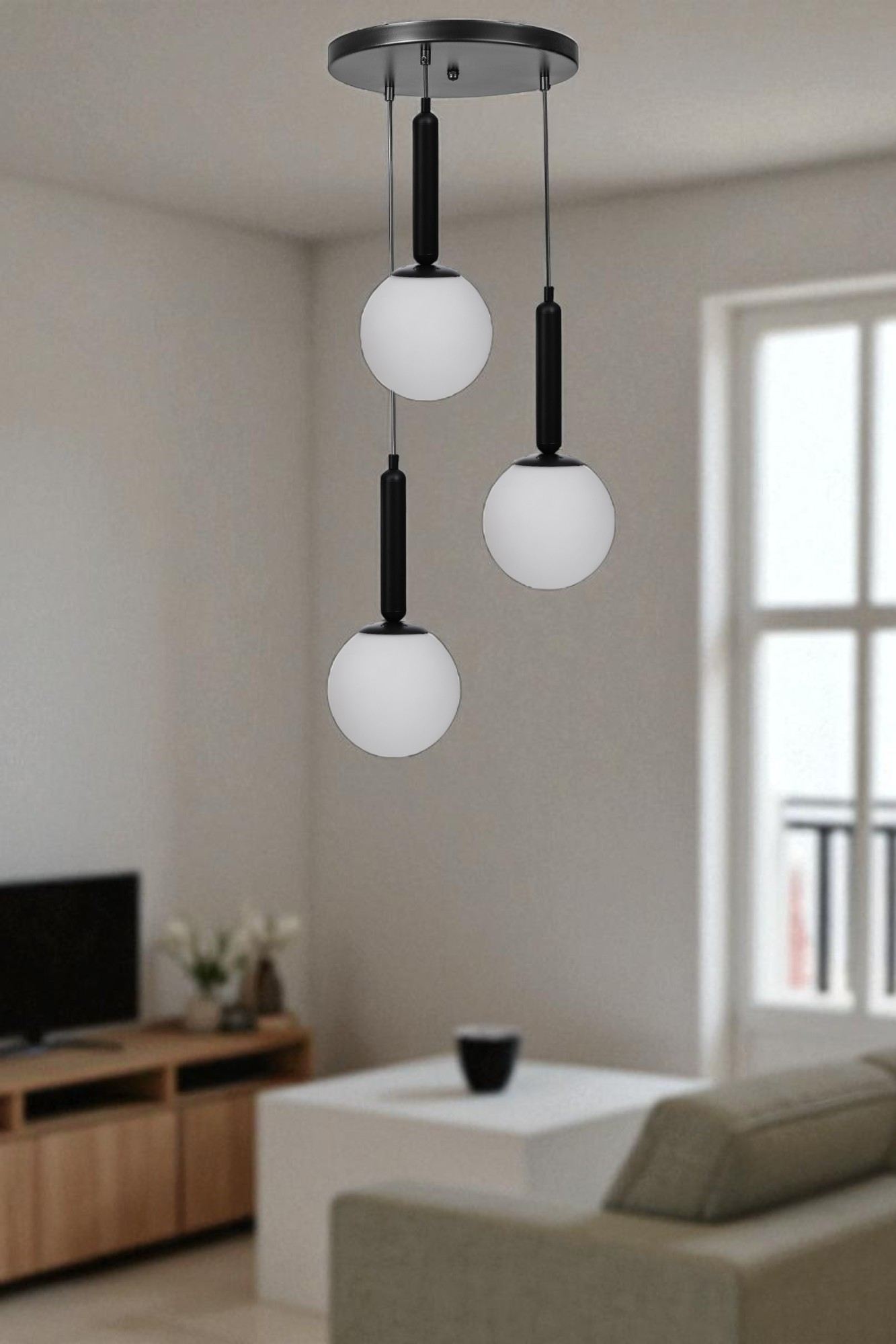 Candeeiro de Teto de metal e vidro – altura ajustável de 80 cm – branco e preto