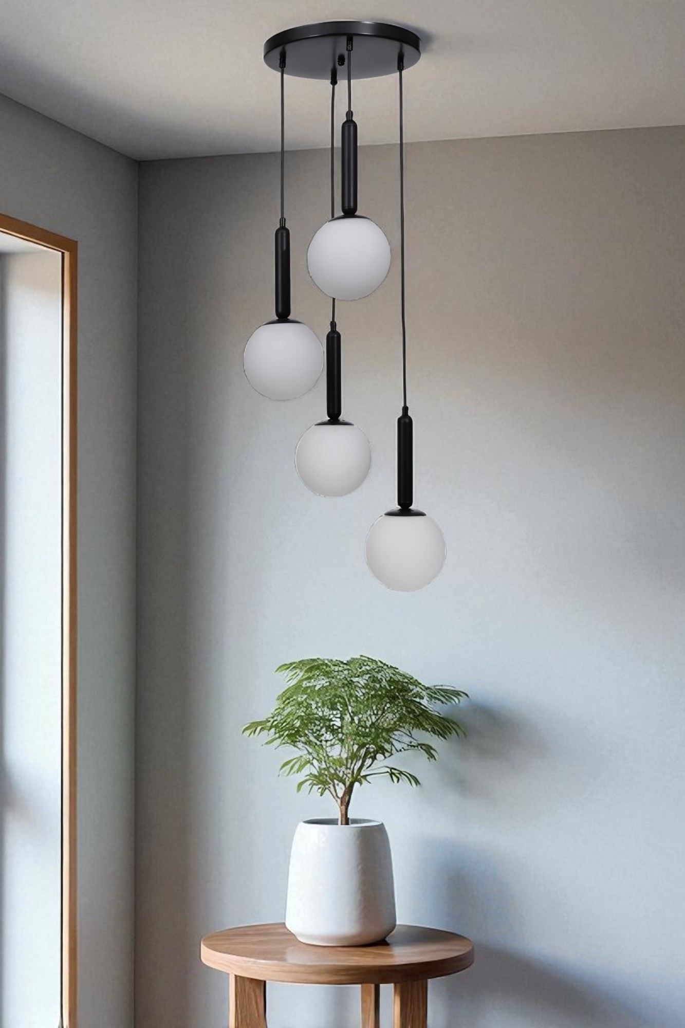 Candeeiro de Teto de Metal e Vidro – Altura Ajustável 80 cm – Branco e Preto