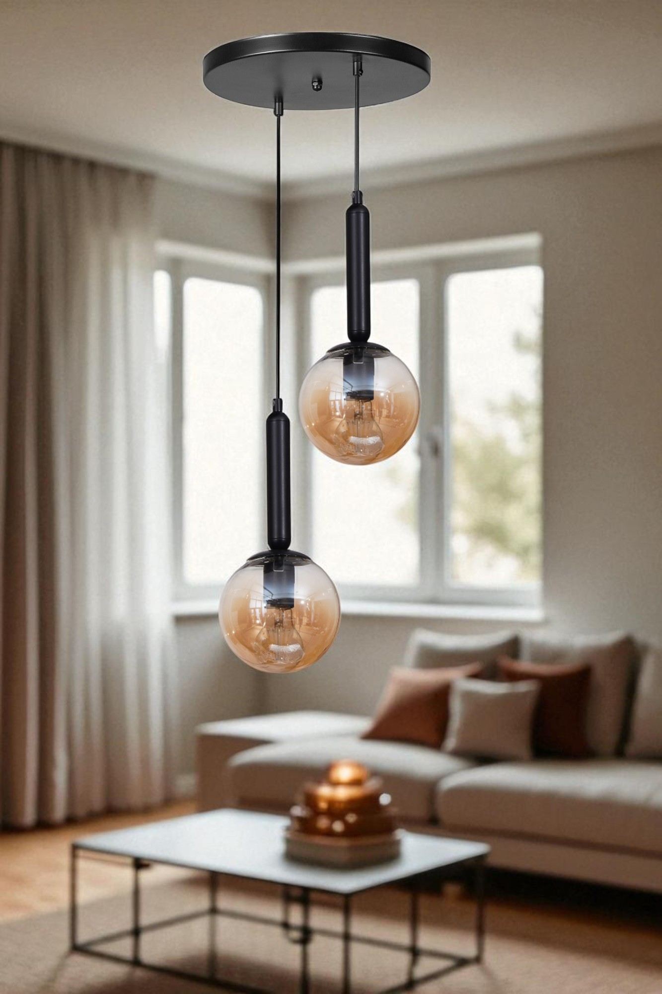 Candeeiro de Teto Elegante – Ø15 cm – Mel e Preto – Metal e Vidro