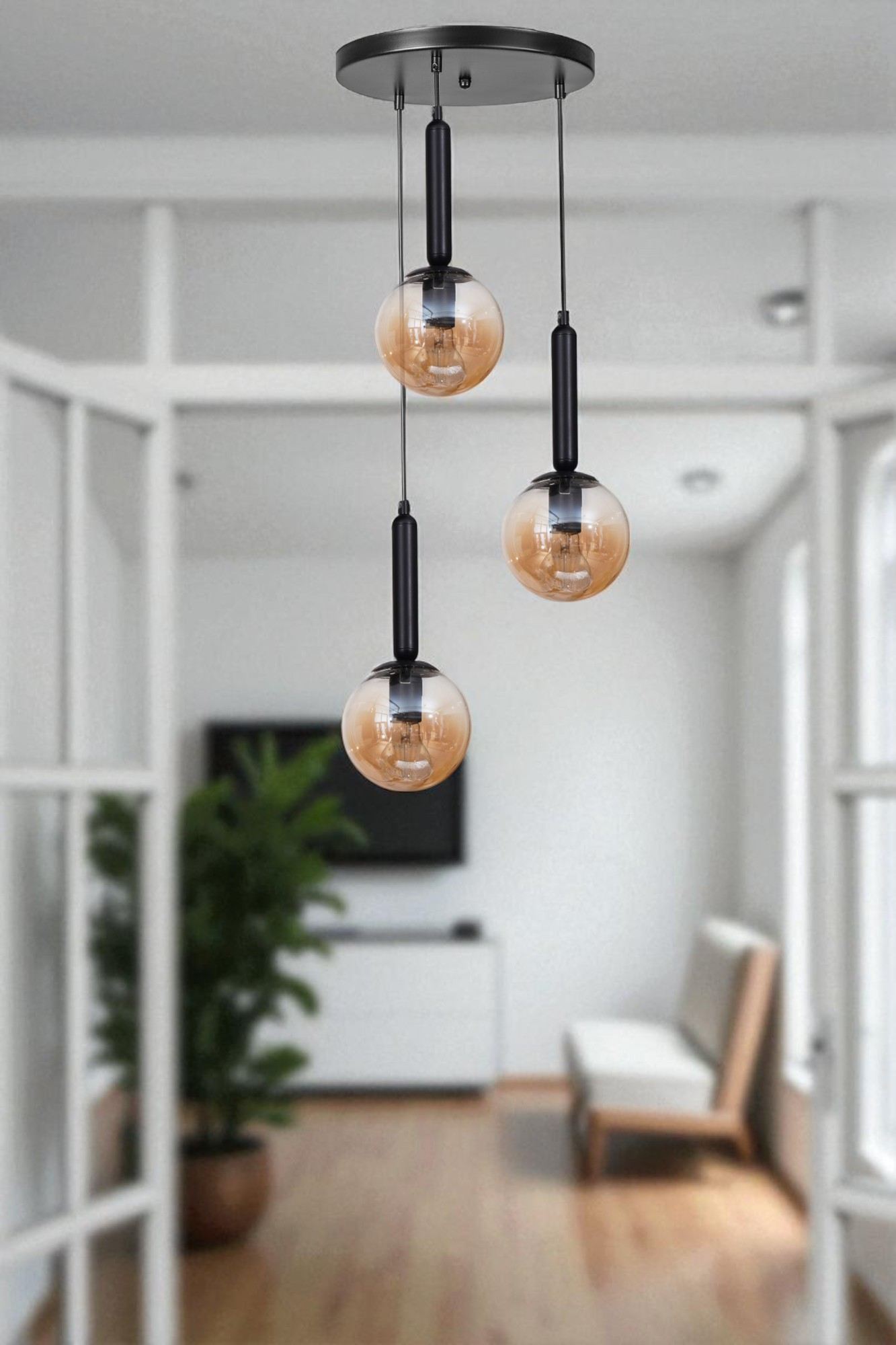 Candeeiro de Teto – 80 cm – Mel e Preto – Metal e Vidro