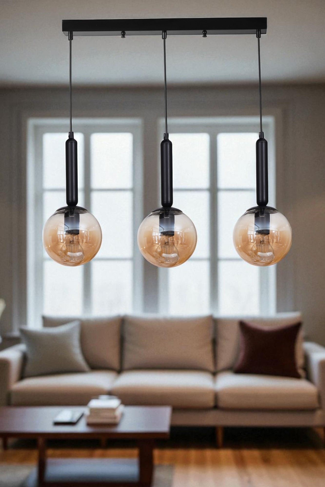 Candeeiro de Teto Elegante –  Ø15 cm – Mel e Preto – Metal e Vidro