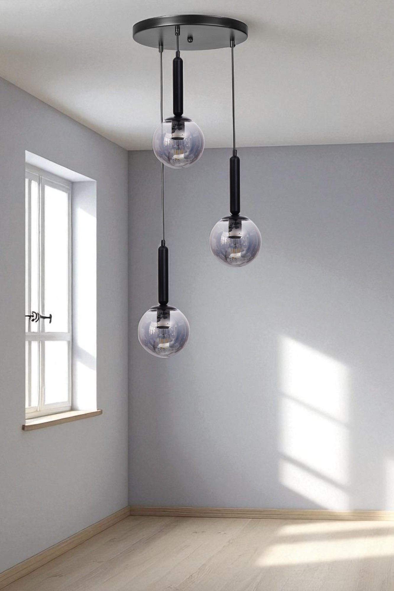 Candeeiro de Teto de Metal e Vidro – 80 cm de altura – Cinza e Preto