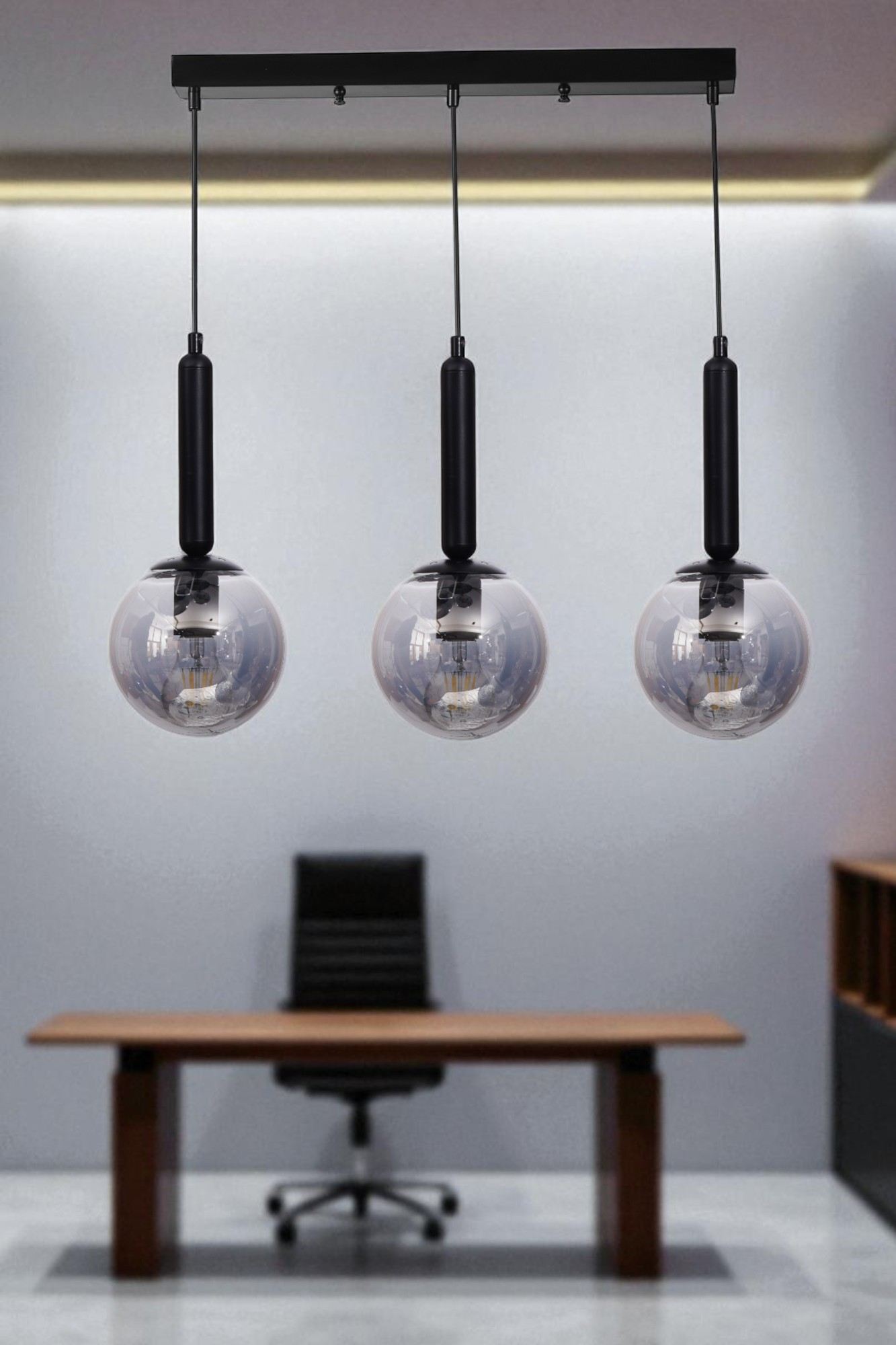 Candeeiro de Teto de Metal e Vidro – Altura Ajustável 80 cm – Cinza e Preto