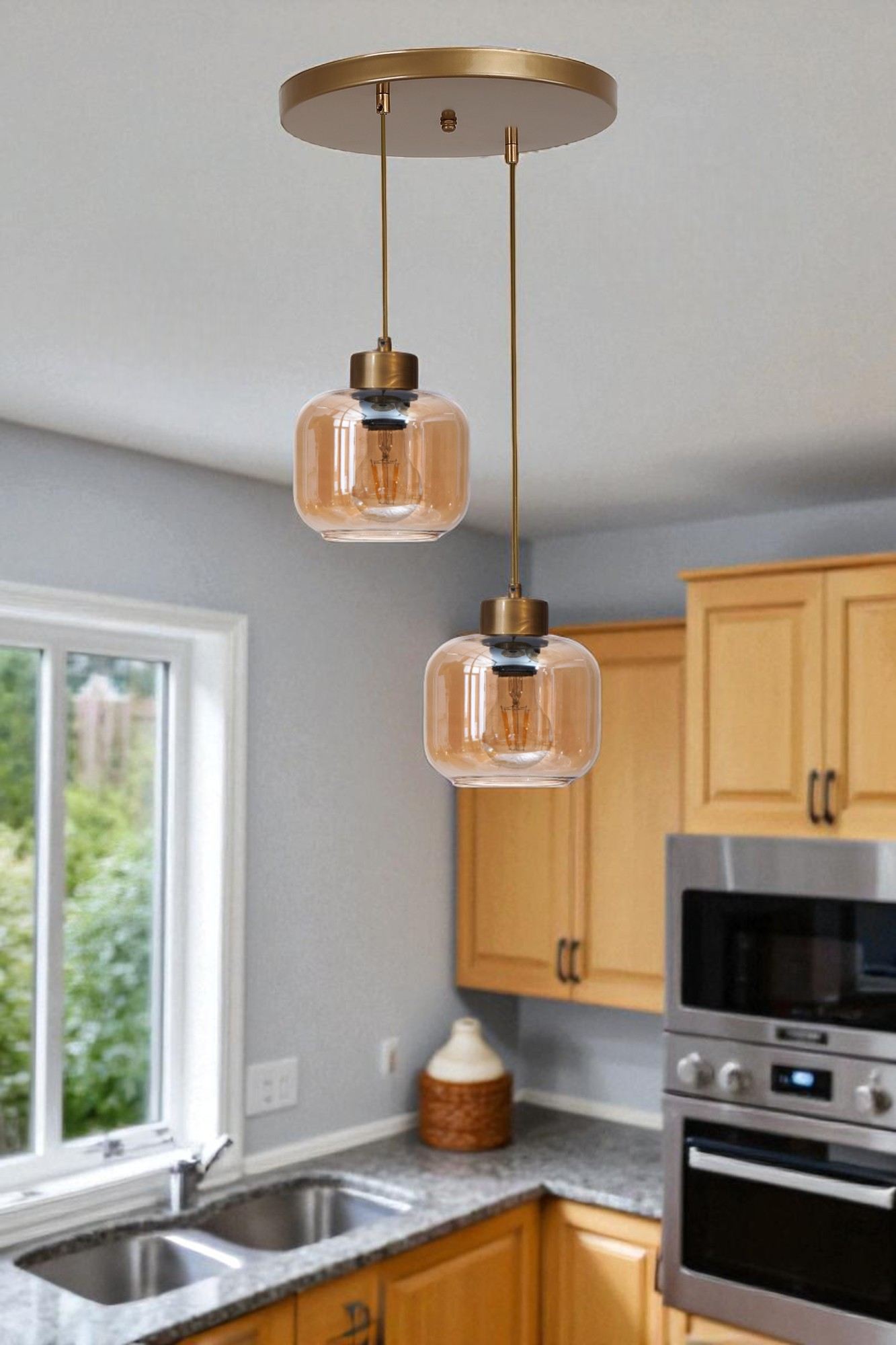 Candeeiro de Teto – 80 cm – Mel e Ouro – Metal e Vidro