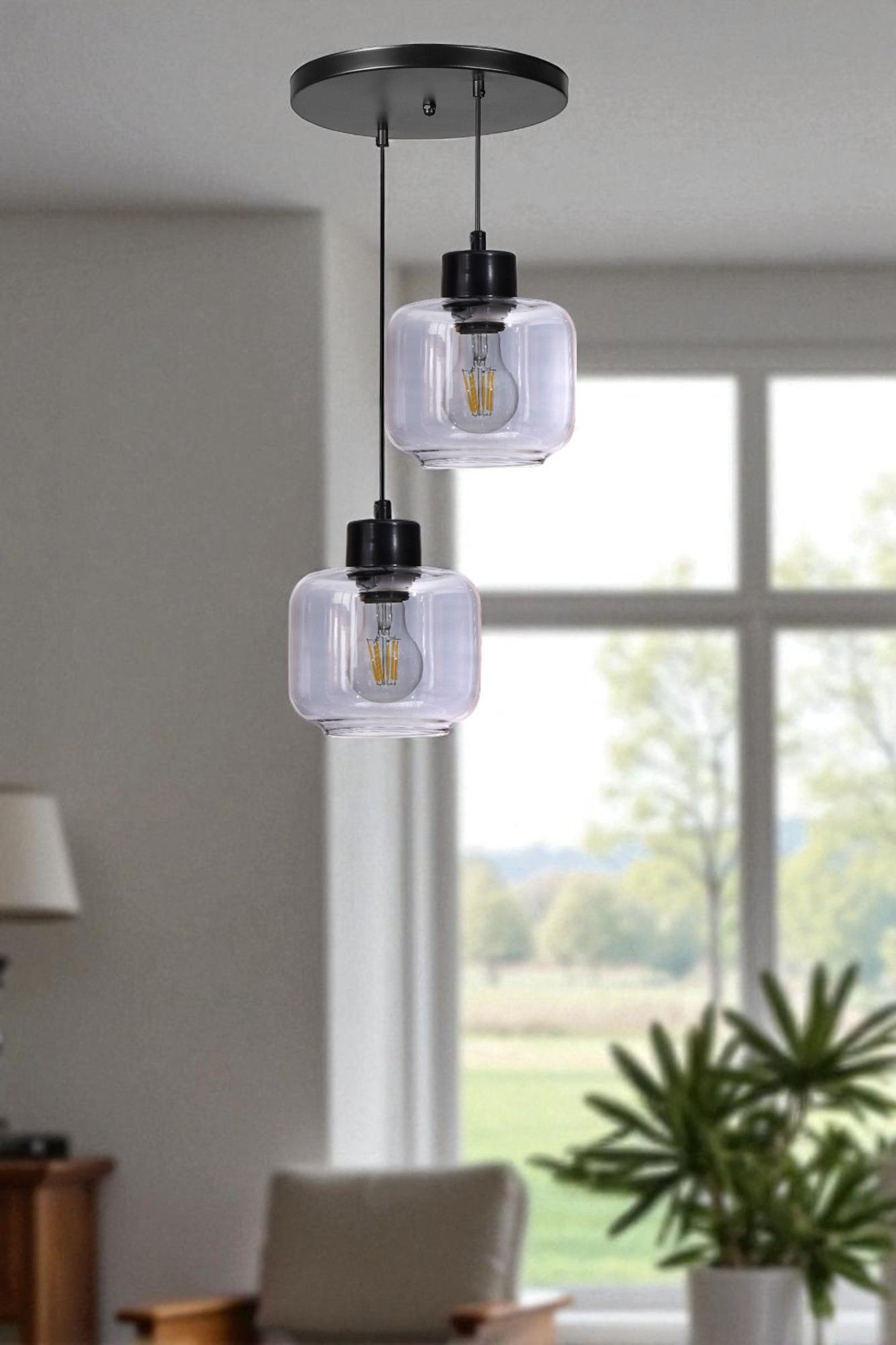 Candeeiro de Teto – altura ajustável de 80 cm – cinza e preto – metal e vidro