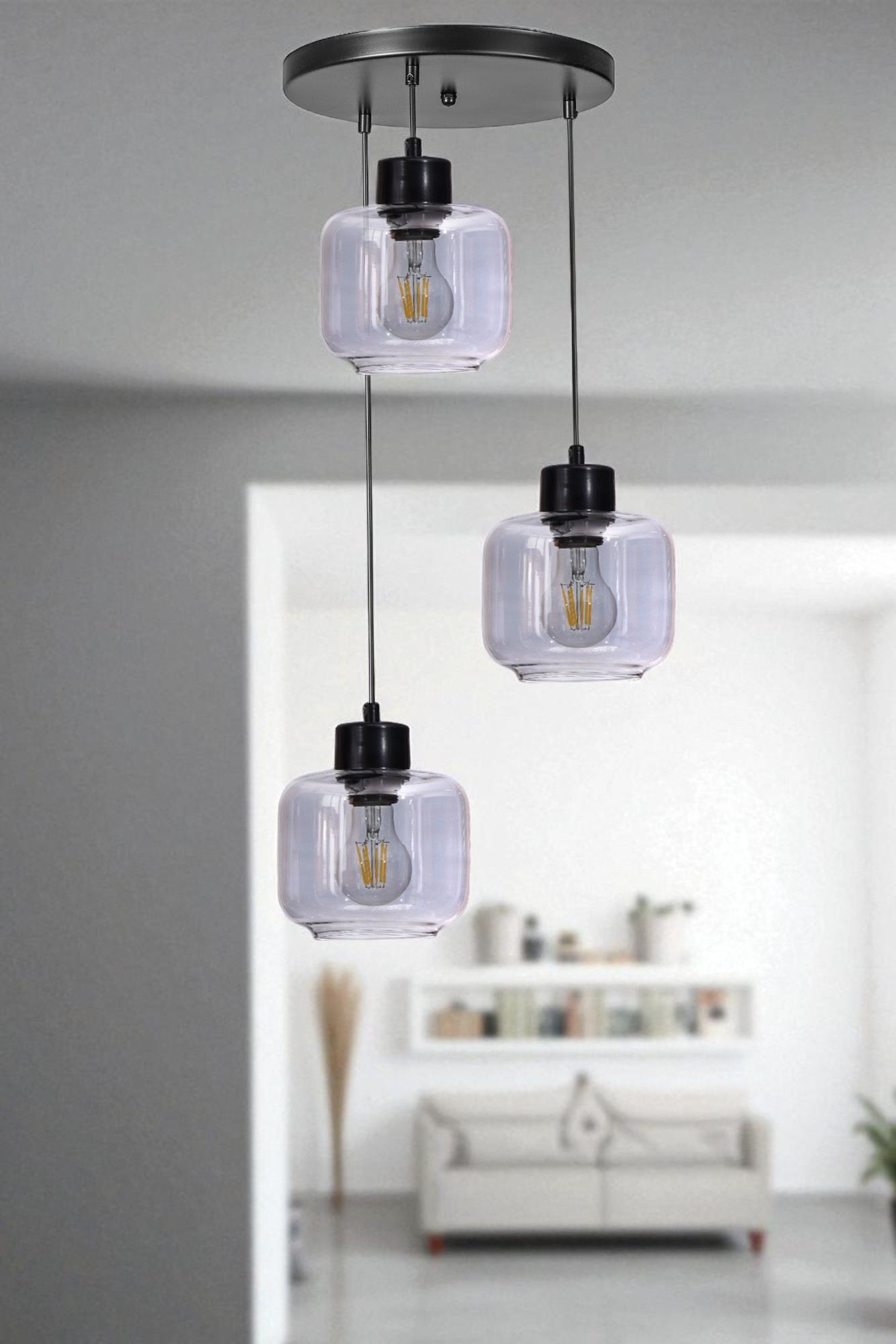 Candeeiro de Teto de Metal e Vidro – Altura Ajustável 80 cm – Cinza e Preto