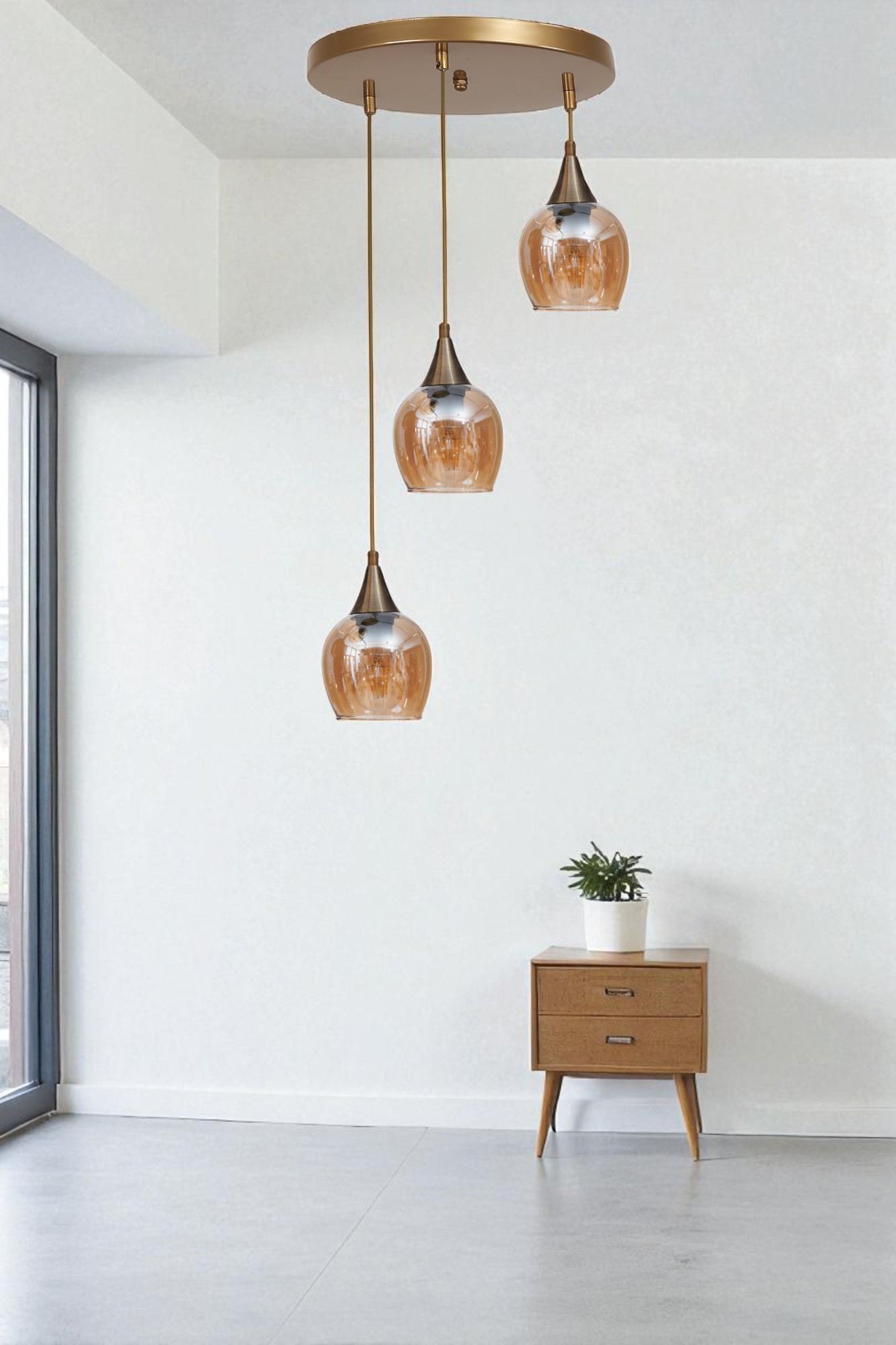 Candeeiro de Teto – Altura 80 cm – Mel e Ouro – Metal e Vidro